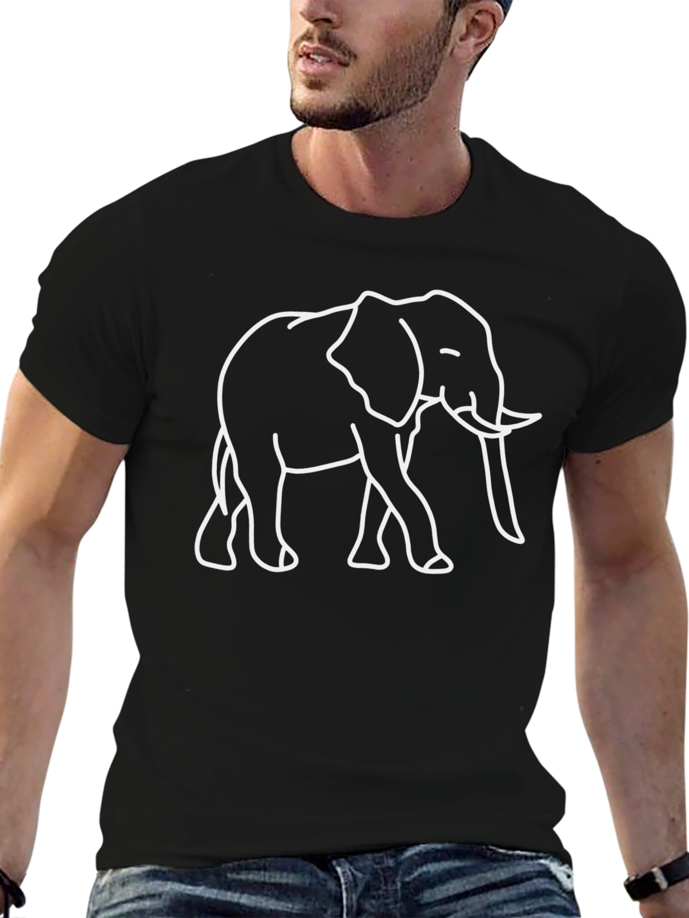 Elephant Outline Graphic Tee - Black Cotton Casual Shirt