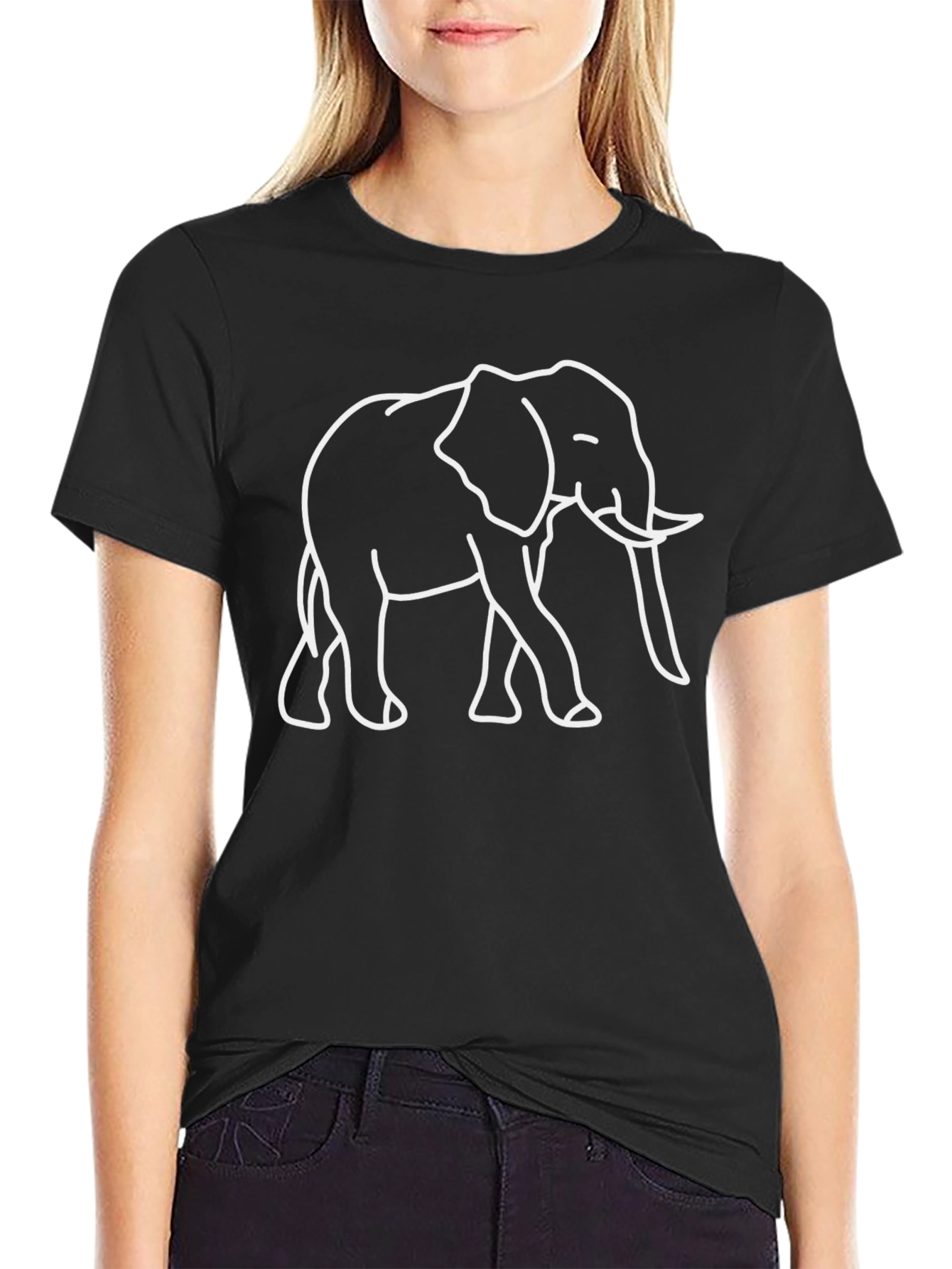 Elephant Outline Graphic Tee - Black Cotton Casual Shirt
