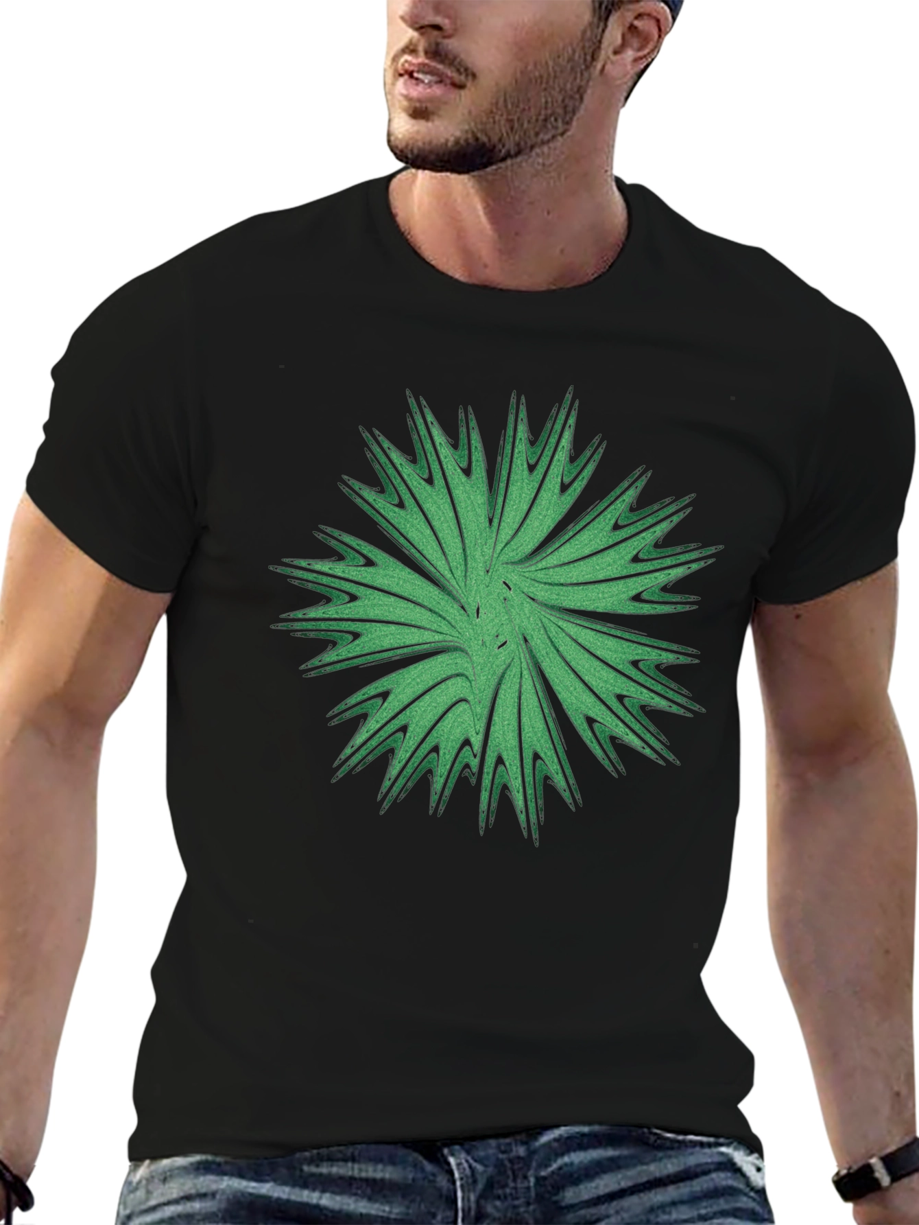 Abstract Green Burst Graphic Tee - Casual Black T-Shirt