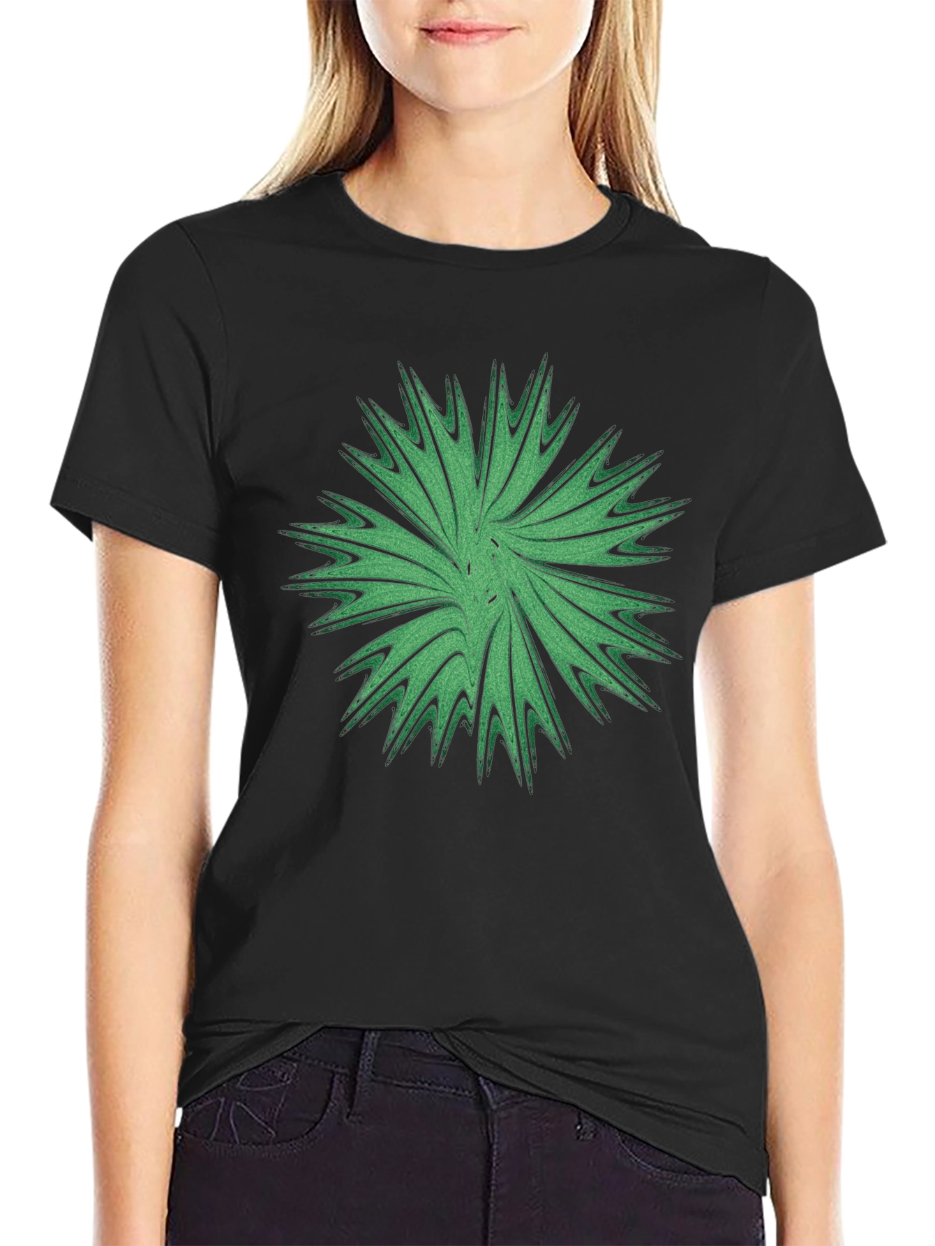 Abstract Green Burst Graphic Tee - Casual Black T-Shirt