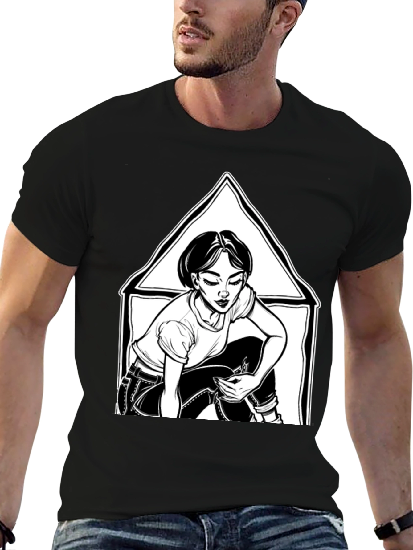 Black Graphic Tee: Woman in Triangle