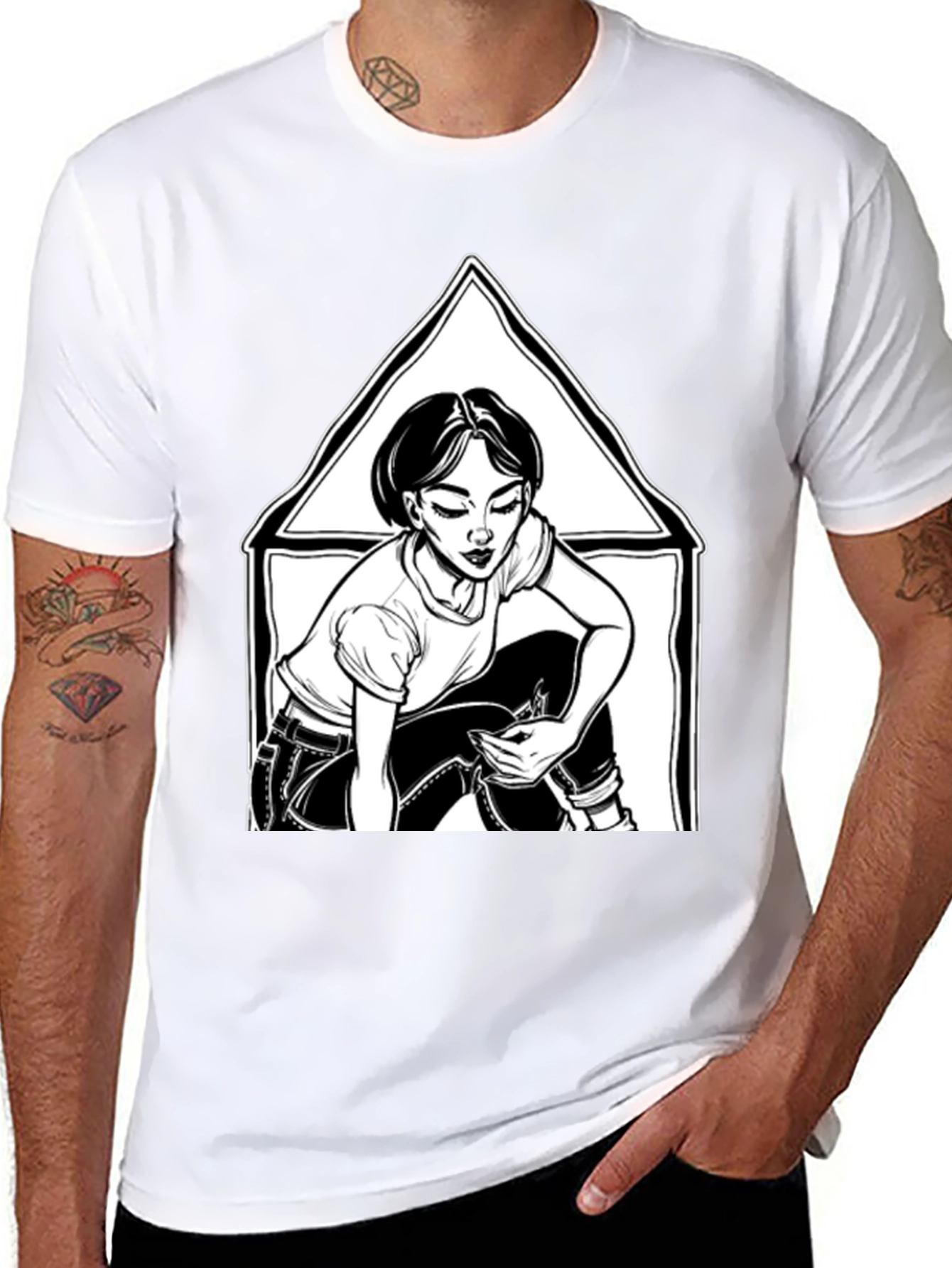 Black Graphic Tee: Woman in Triangle