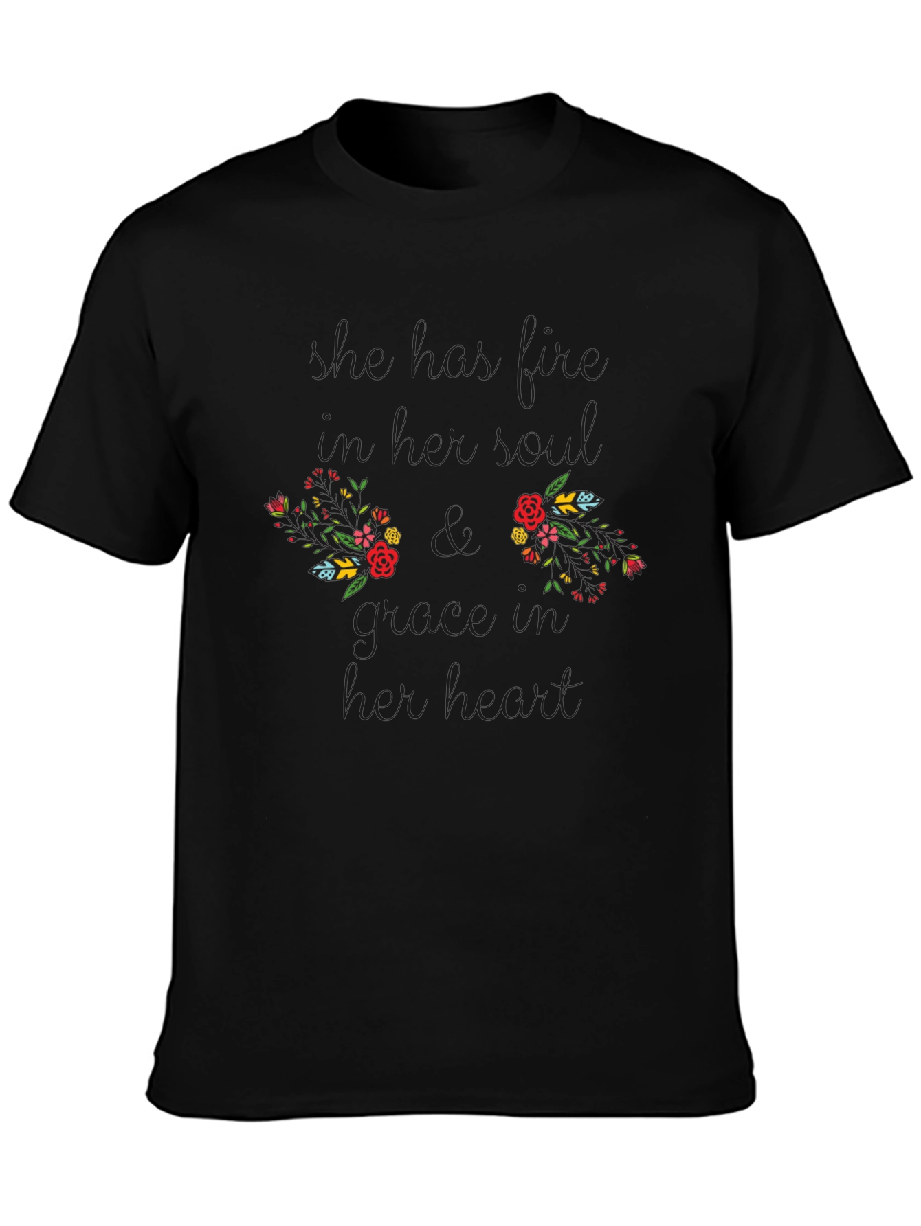Floral Boobs Grow Heart Black Graphic T-Shirt