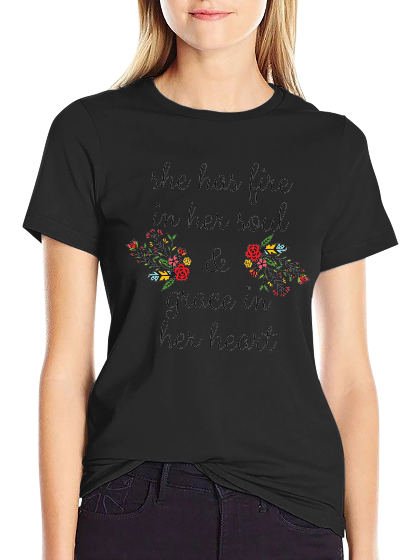 Floral Boobs Grow Heart Black Graphic T-Shirt