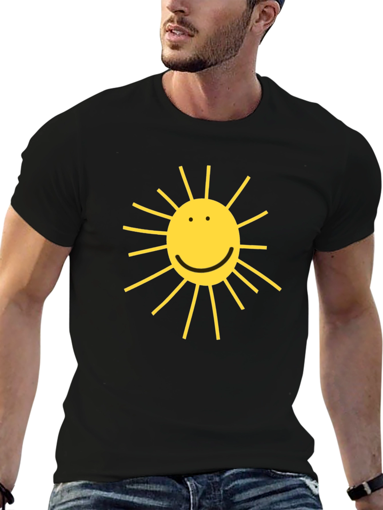 Black T-Shirt with Yellow Smiling Sun Graphic