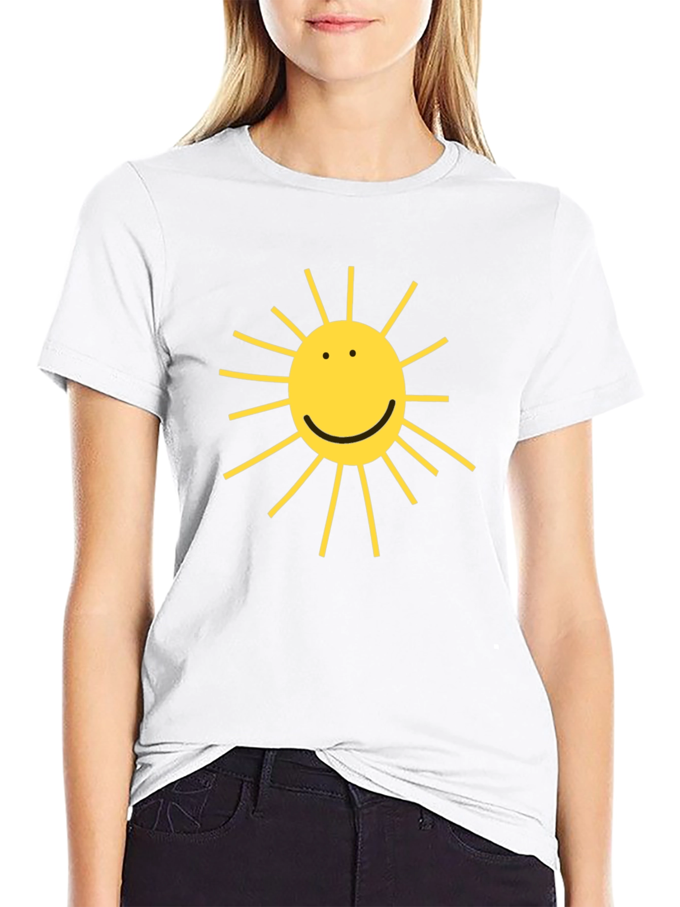 Black T-Shirt with Yellow Smiling Sun Graphic