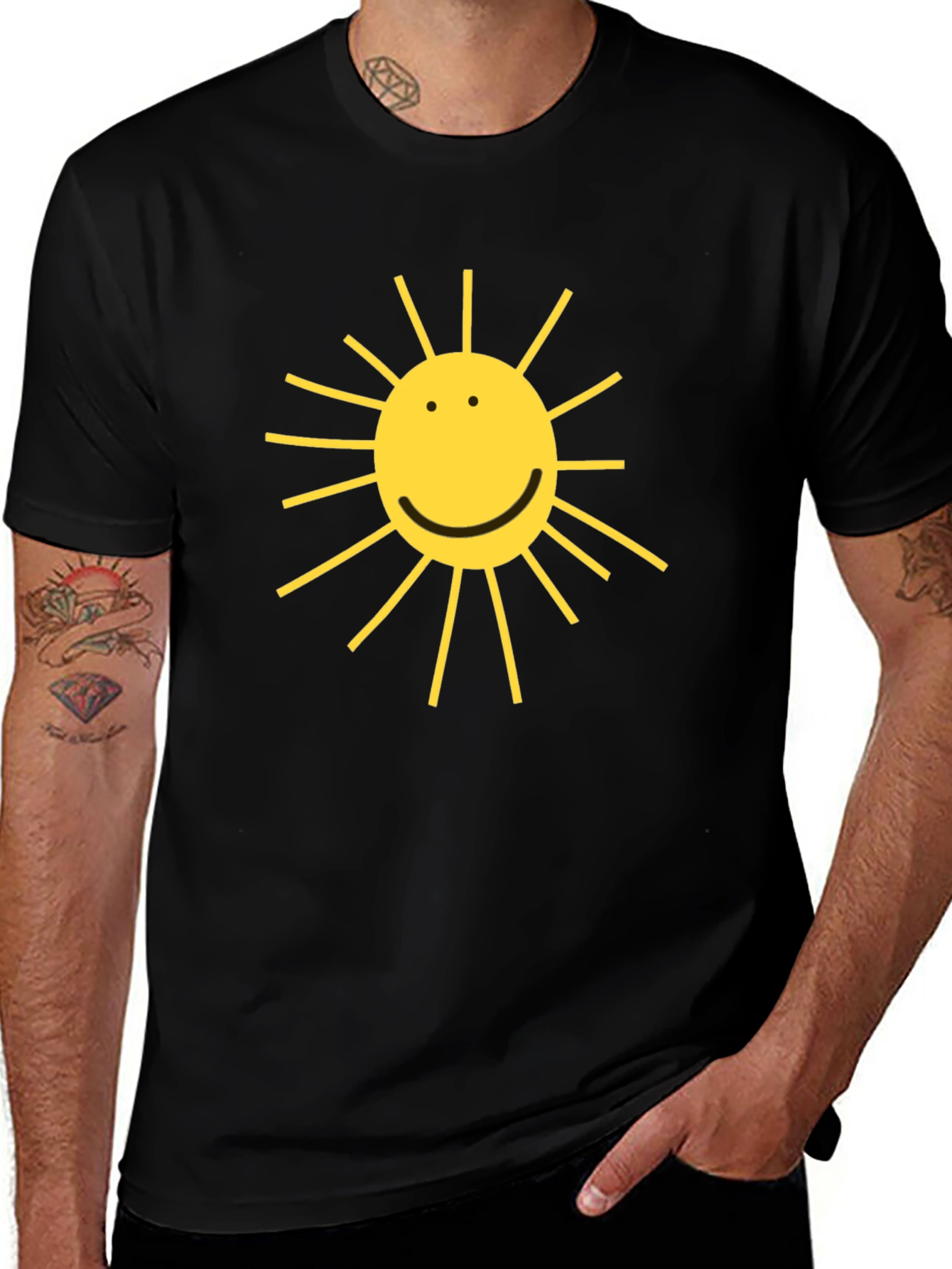 Black T-Shirt with Yellow Smiling Sun Graphic