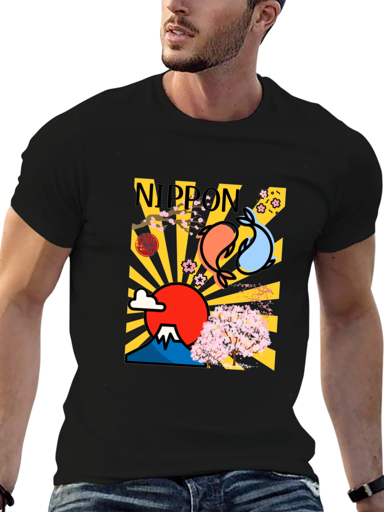 Nippon Japan Mount Fuji Koi Fish Graphic T-Shirt