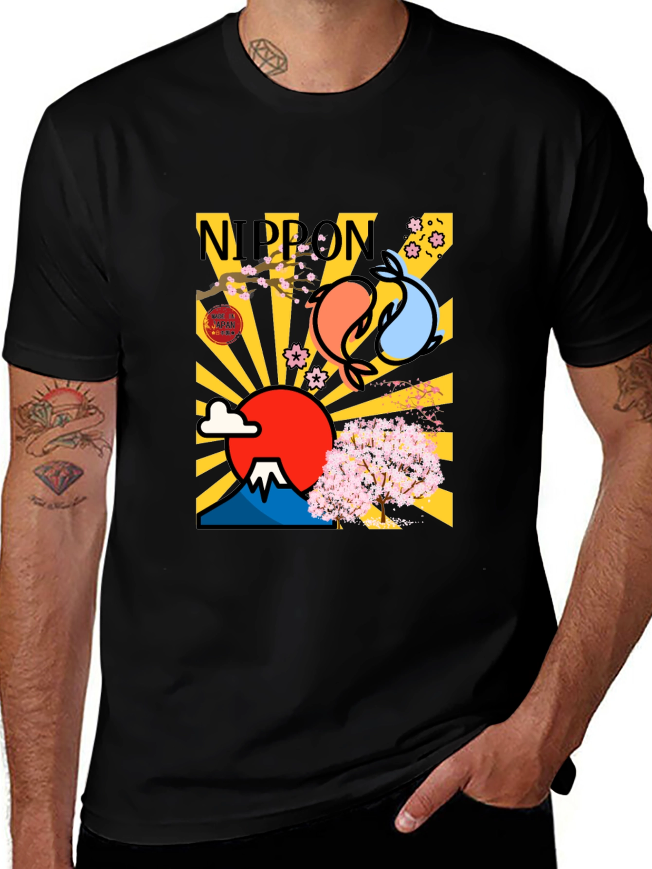 Nippon Japan Mount Fuji Koi Fish Graphic T-Shirt