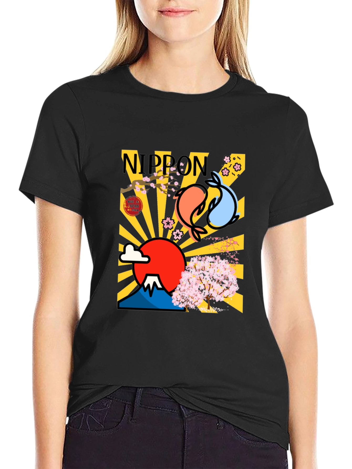 Nippon Japan Mount Fuji Koi Fish Graphic T-Shirt