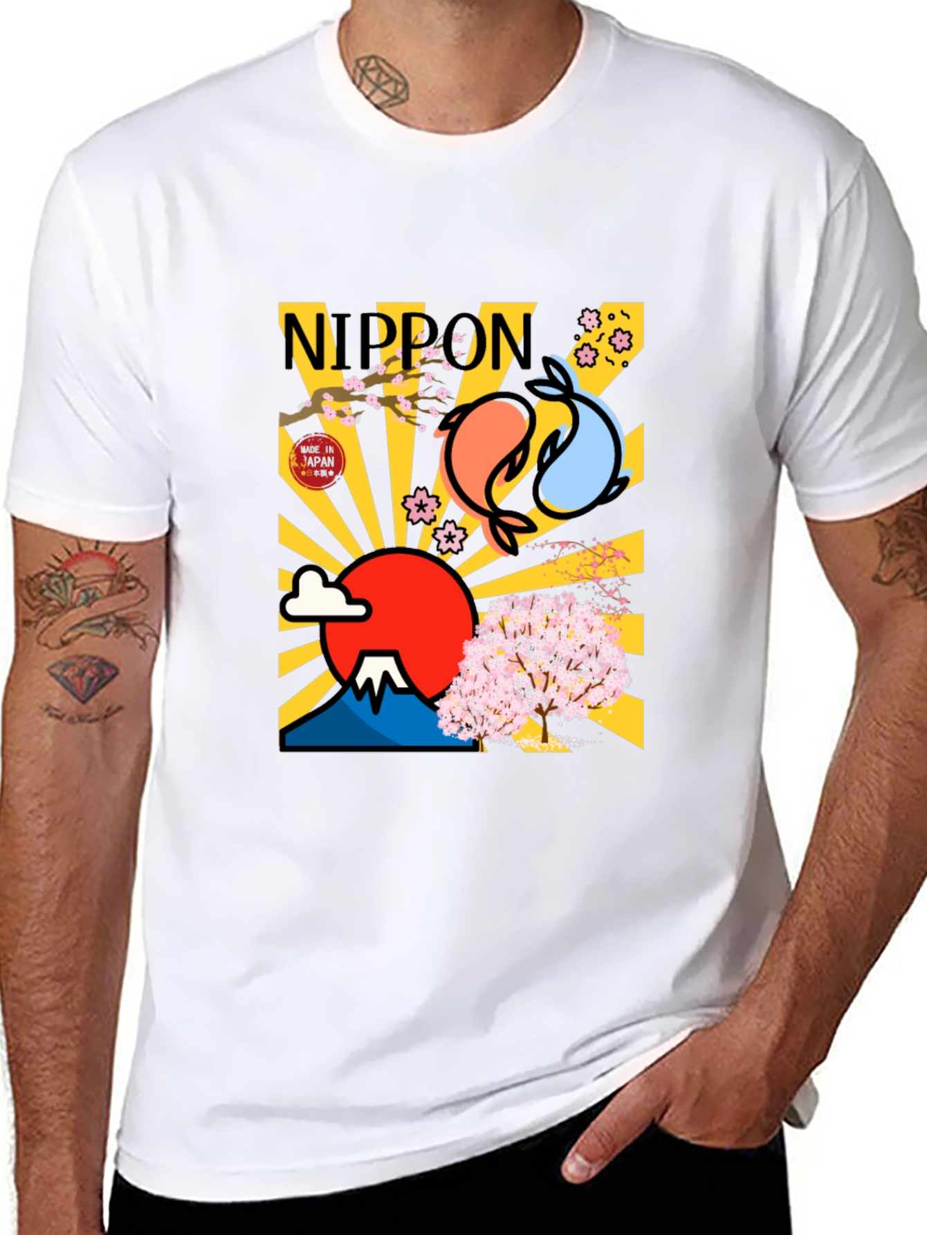 Nippon Japan Mount Fuji Koi Fish Graphic T-Shirt
