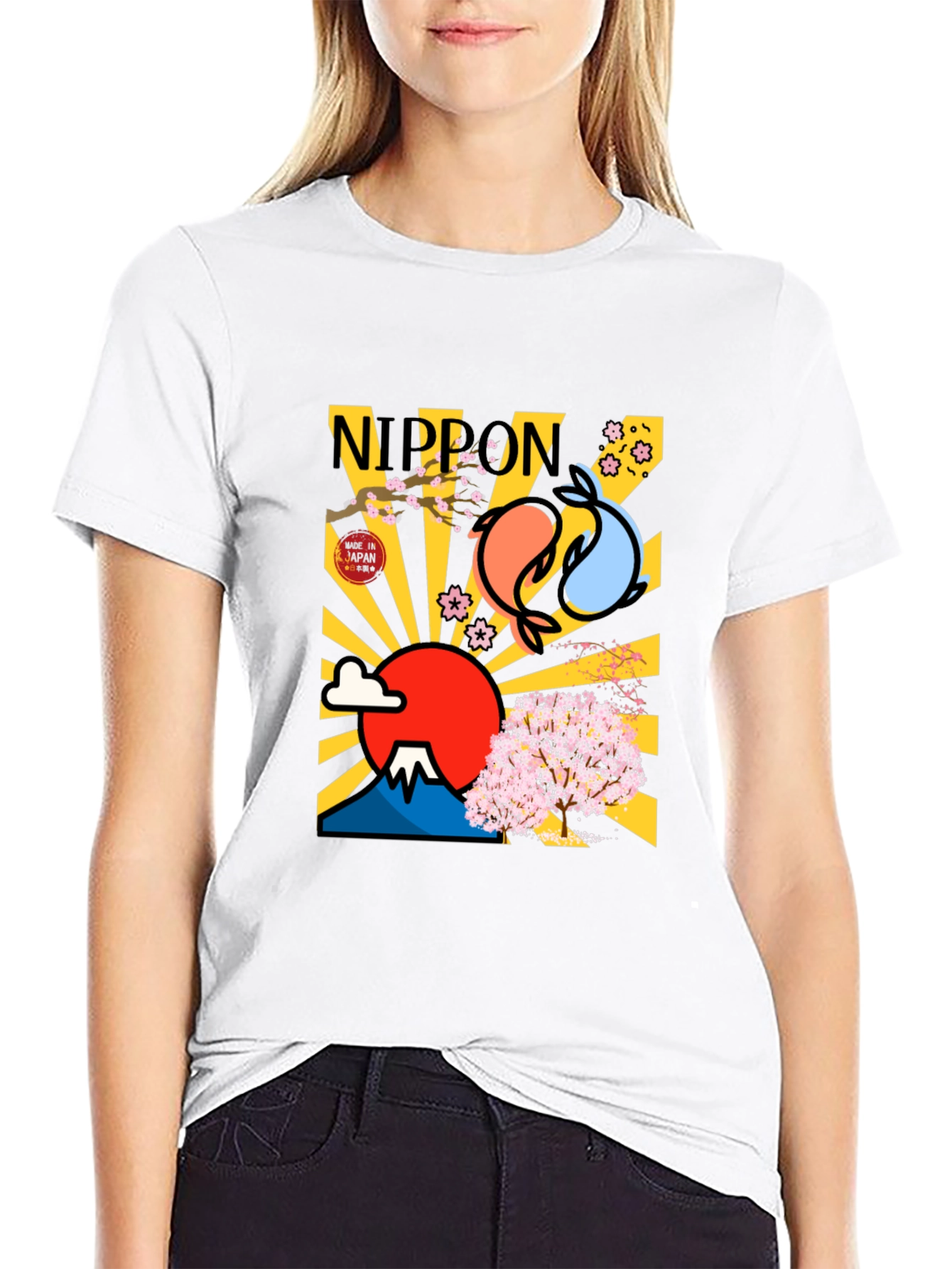 Nippon Japan Mount Fuji Koi Fish Graphic T-Shirt