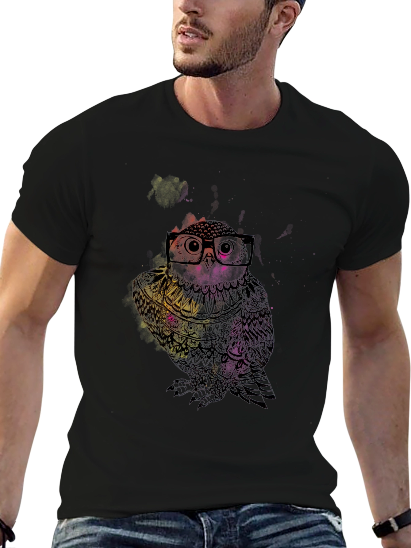 Stylish Owl Graphic Print Black T-Shirt