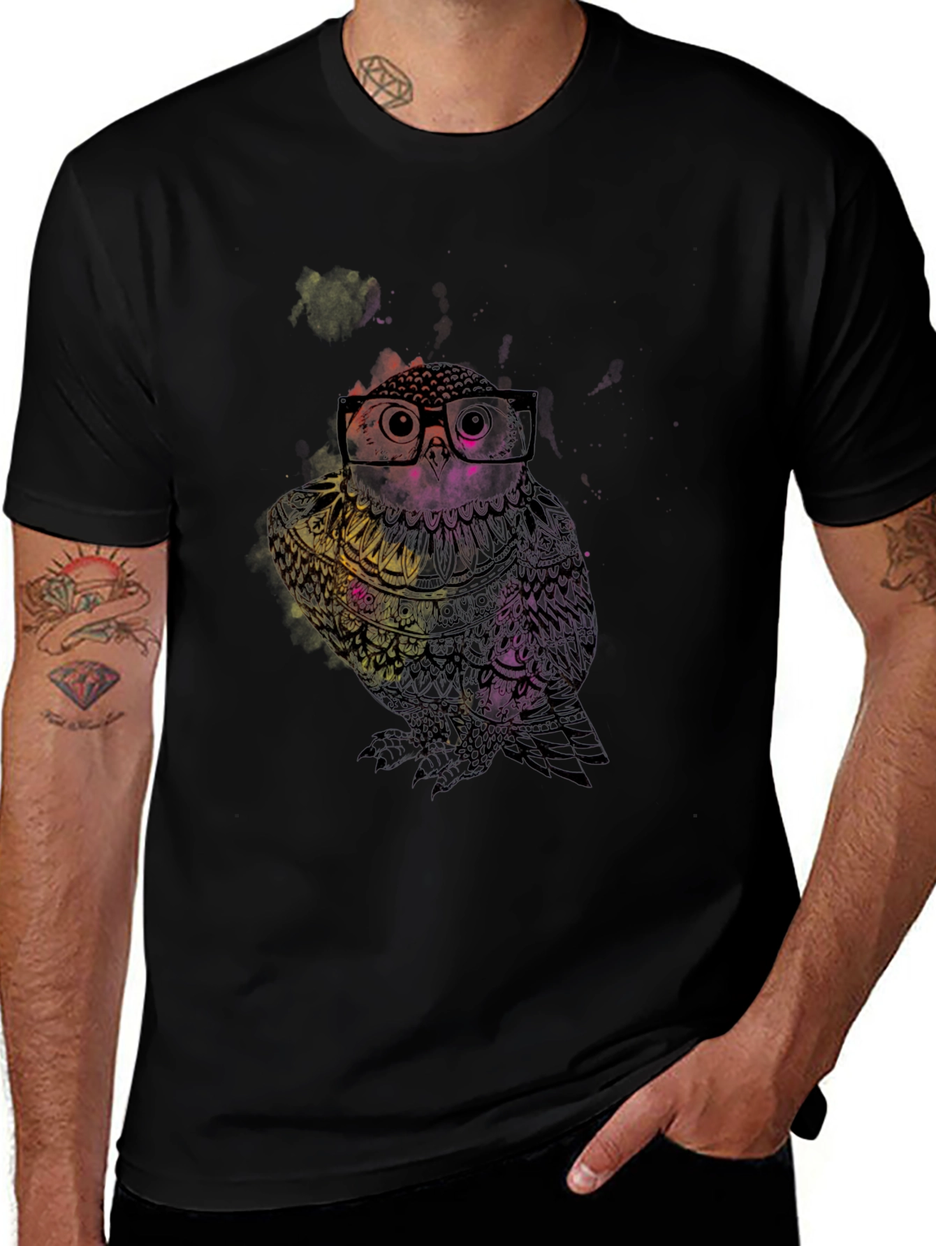 Stylish Owl Graphic Print Black T-Shirt