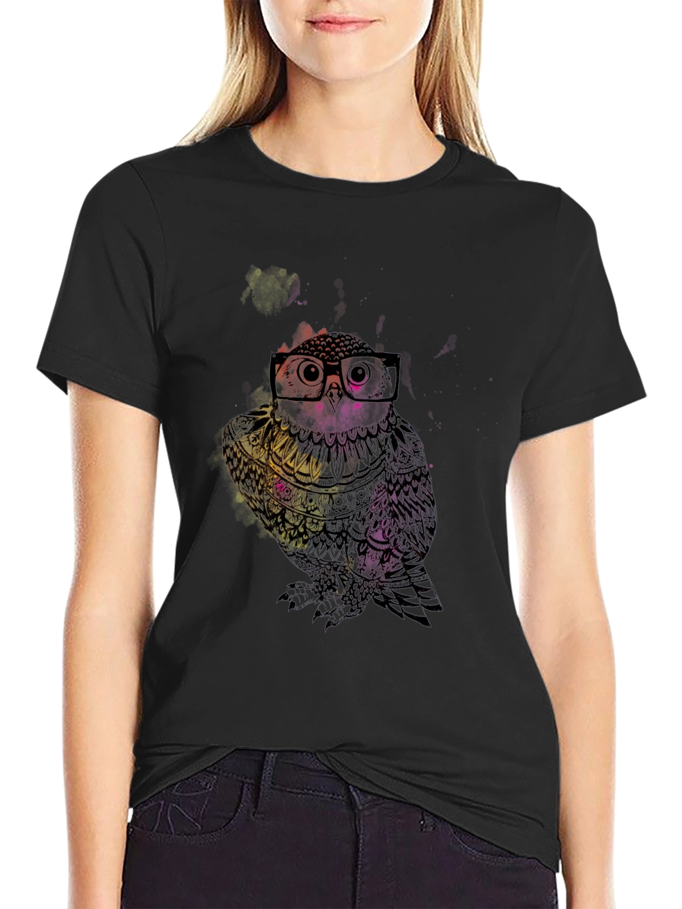 Stylish Owl Graphic Print Black T-Shirt