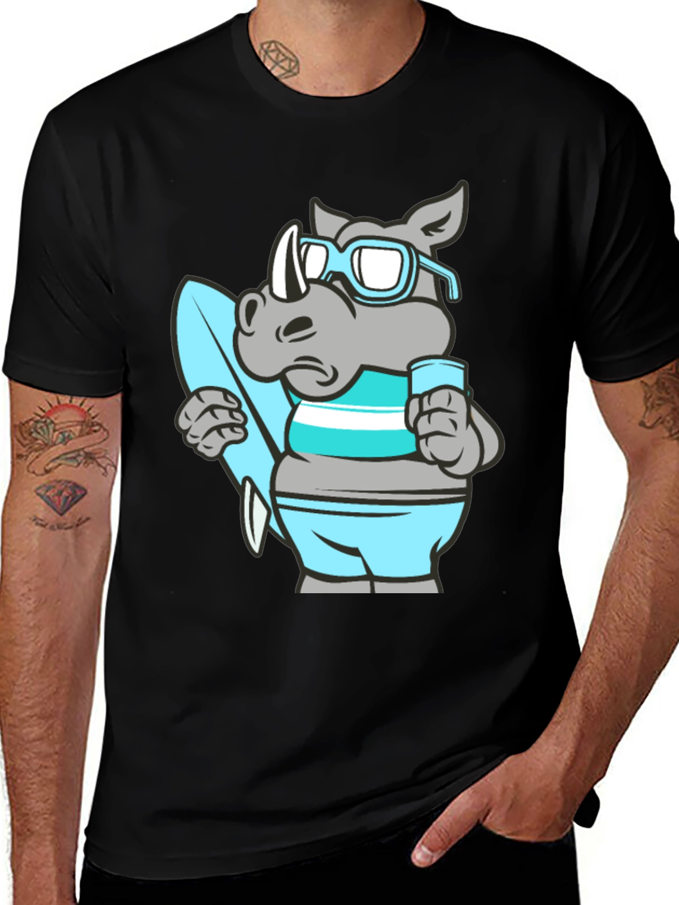 Surfing Rhino Black T-Shirt