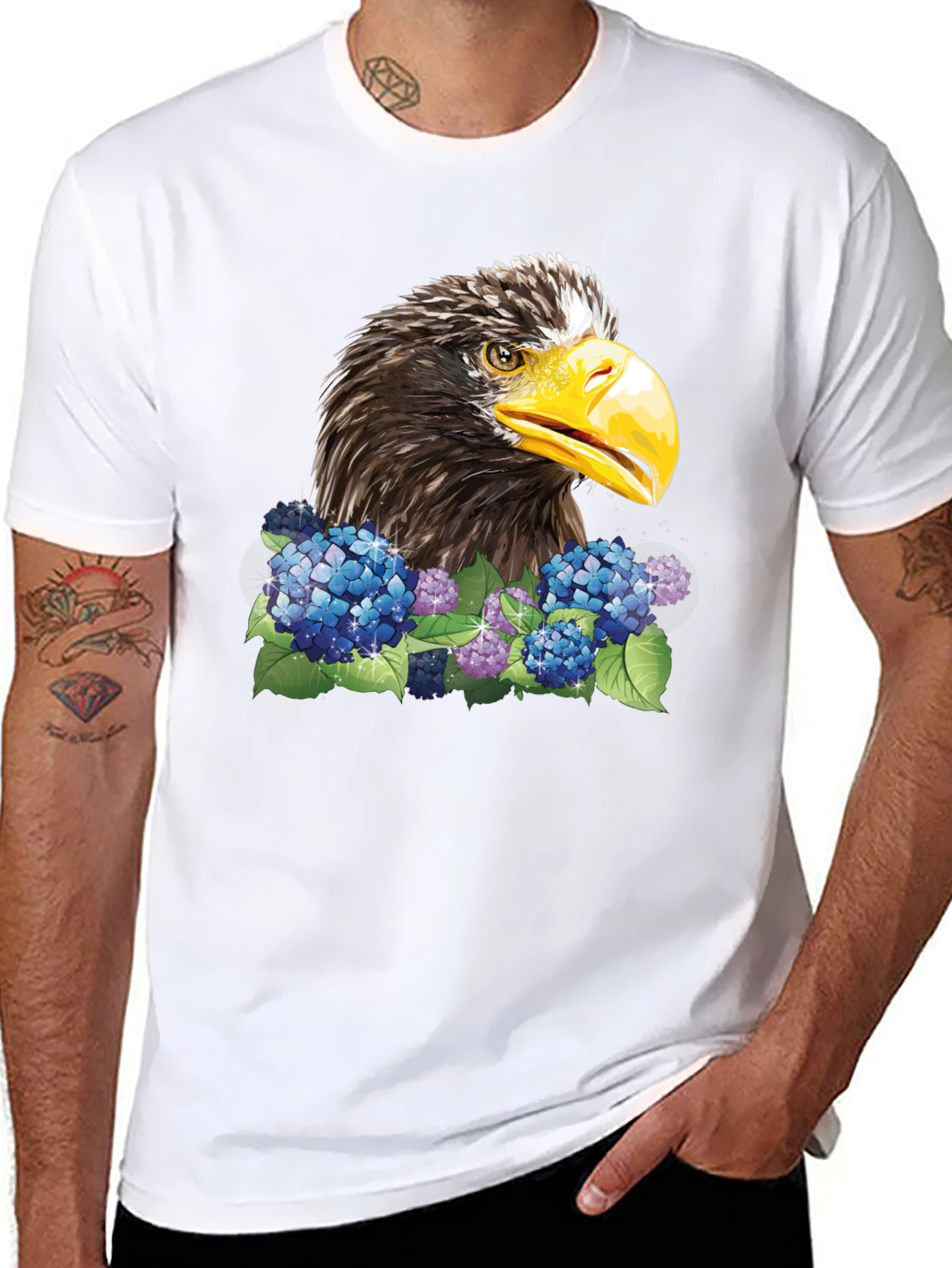 Eagle and Floral Print Black T-Shirt