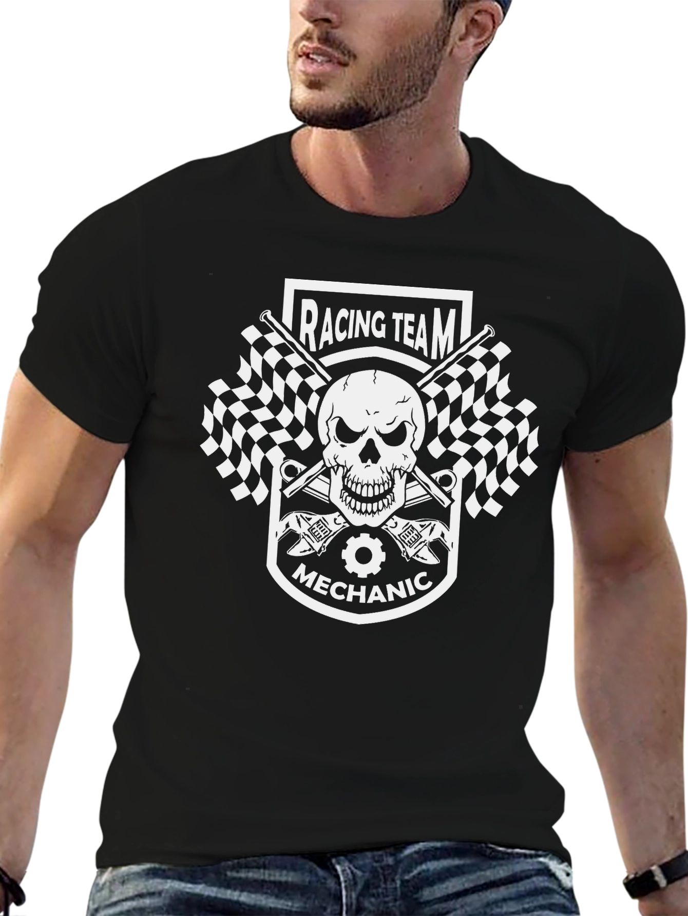 Racing Team Mechanic Graphic Tee - Black Cotton T-Shirt