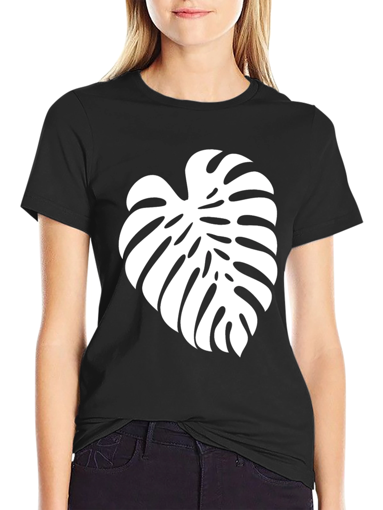 Tropical Leaf T-Shirt - Black Cotton Blend