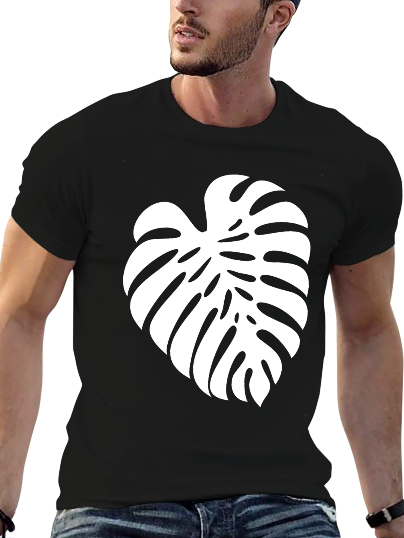 Tropical Leaf T-Shirt - Black Cotton Blend