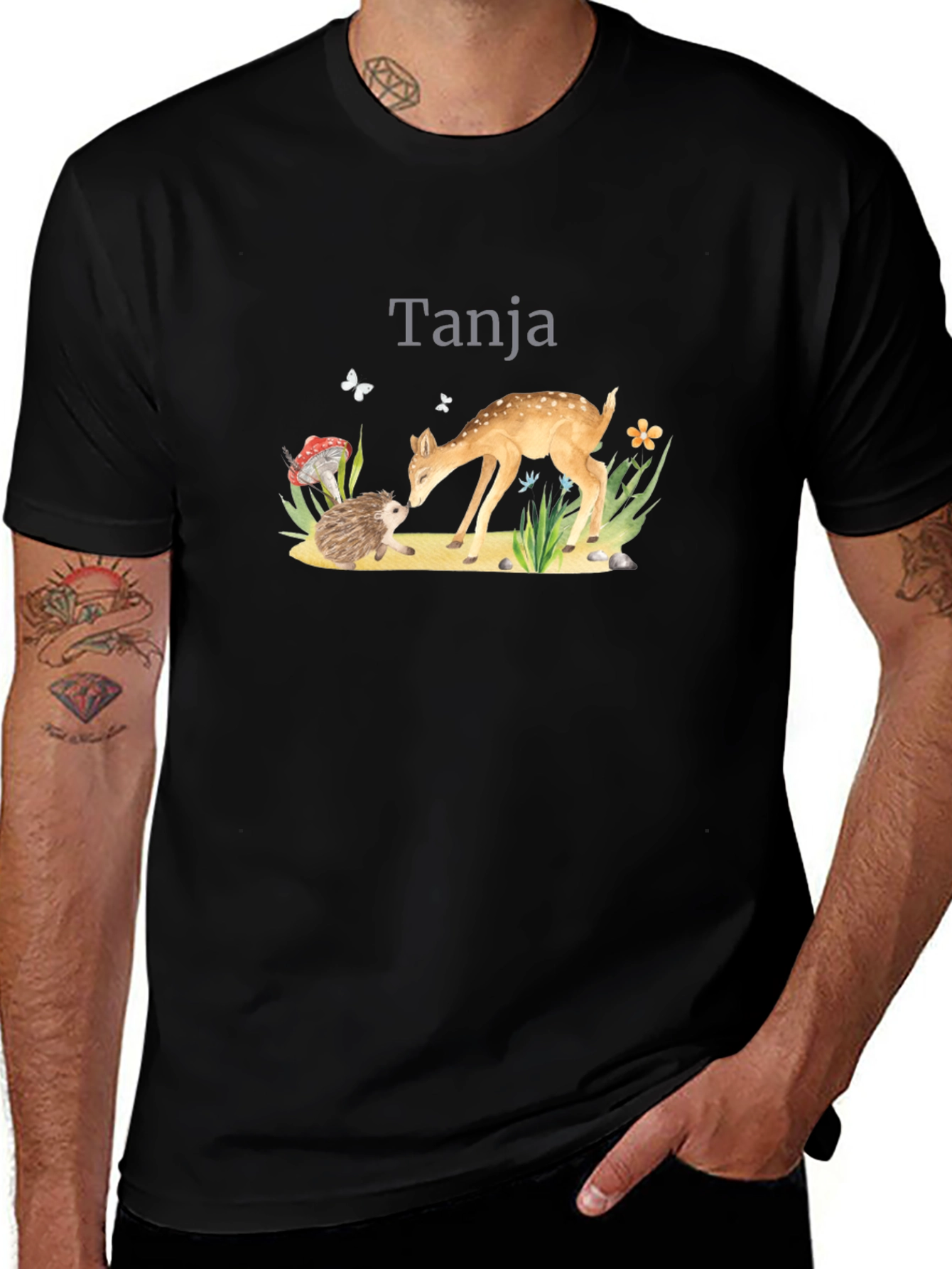Cute Deer and Hedgehog Black Graphic Tee