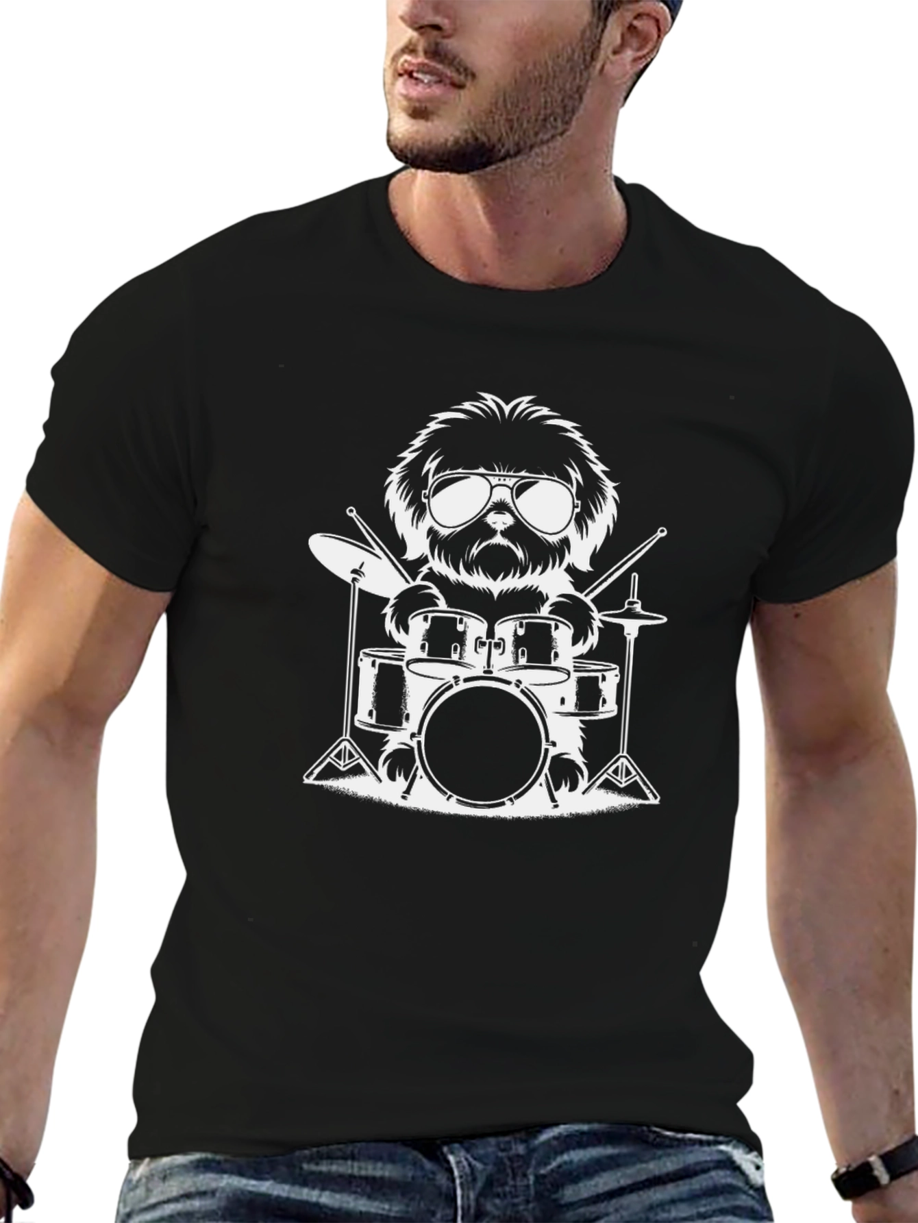 Drummer Dog Graphic T-Shirt - Black