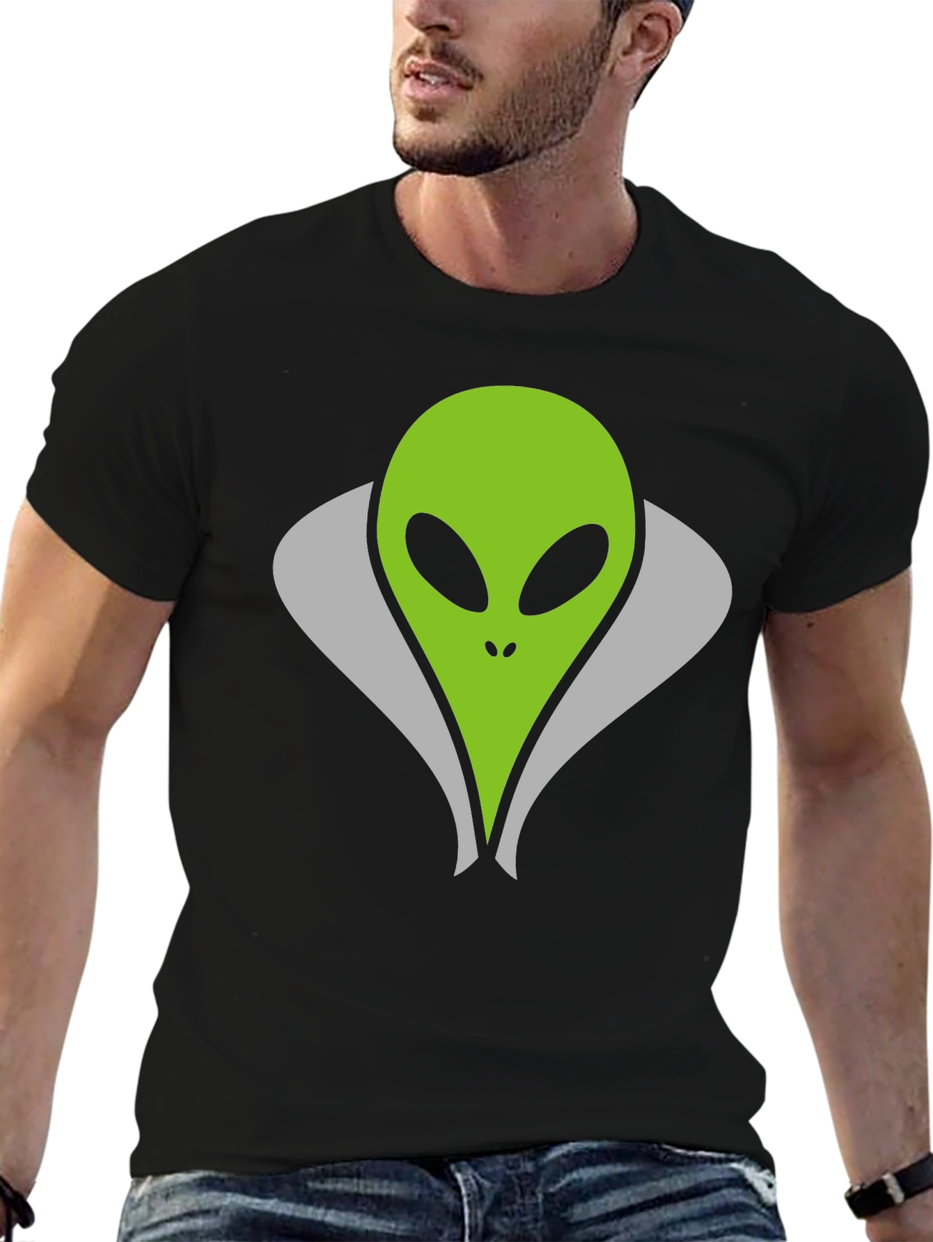 Alien Head Graphic Tee - Black Cotton T-Shirt