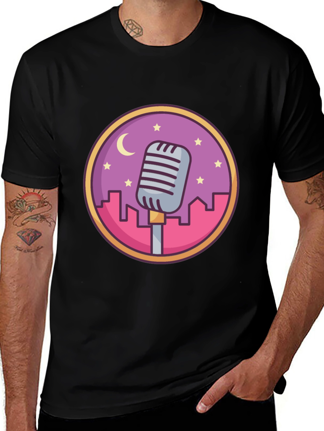 Retro Microphone Cityscape Graphic Tee