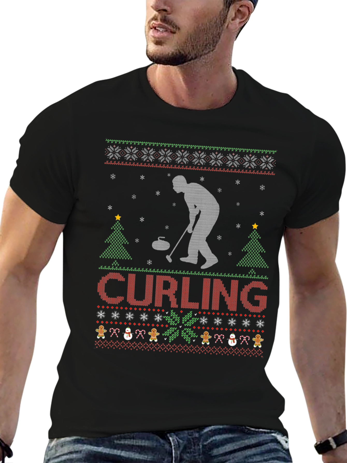 Curling Christmas Ugly Sweater Style T-Shirt