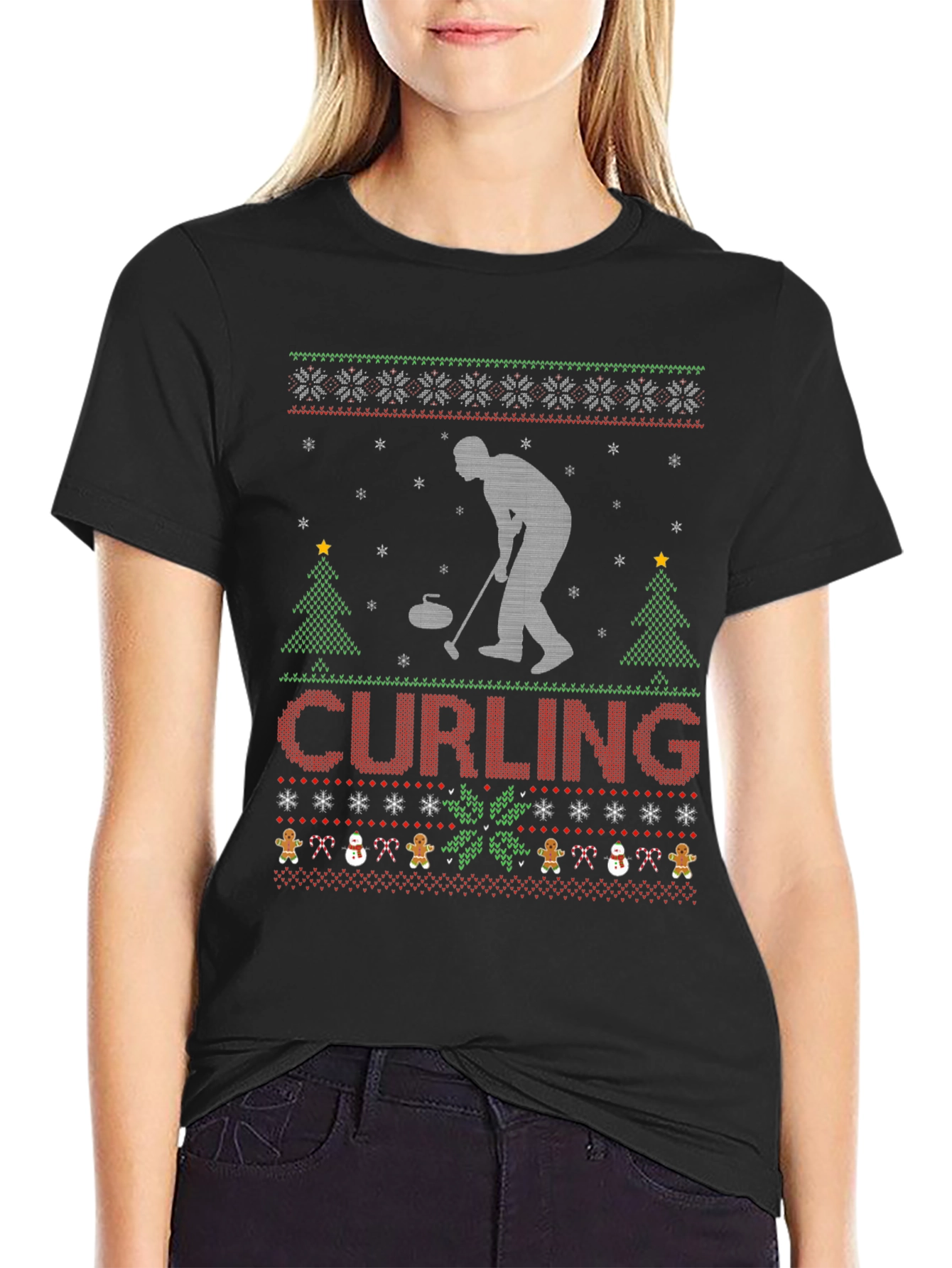 Curling Christmas Ugly Sweater Style T-Shirt