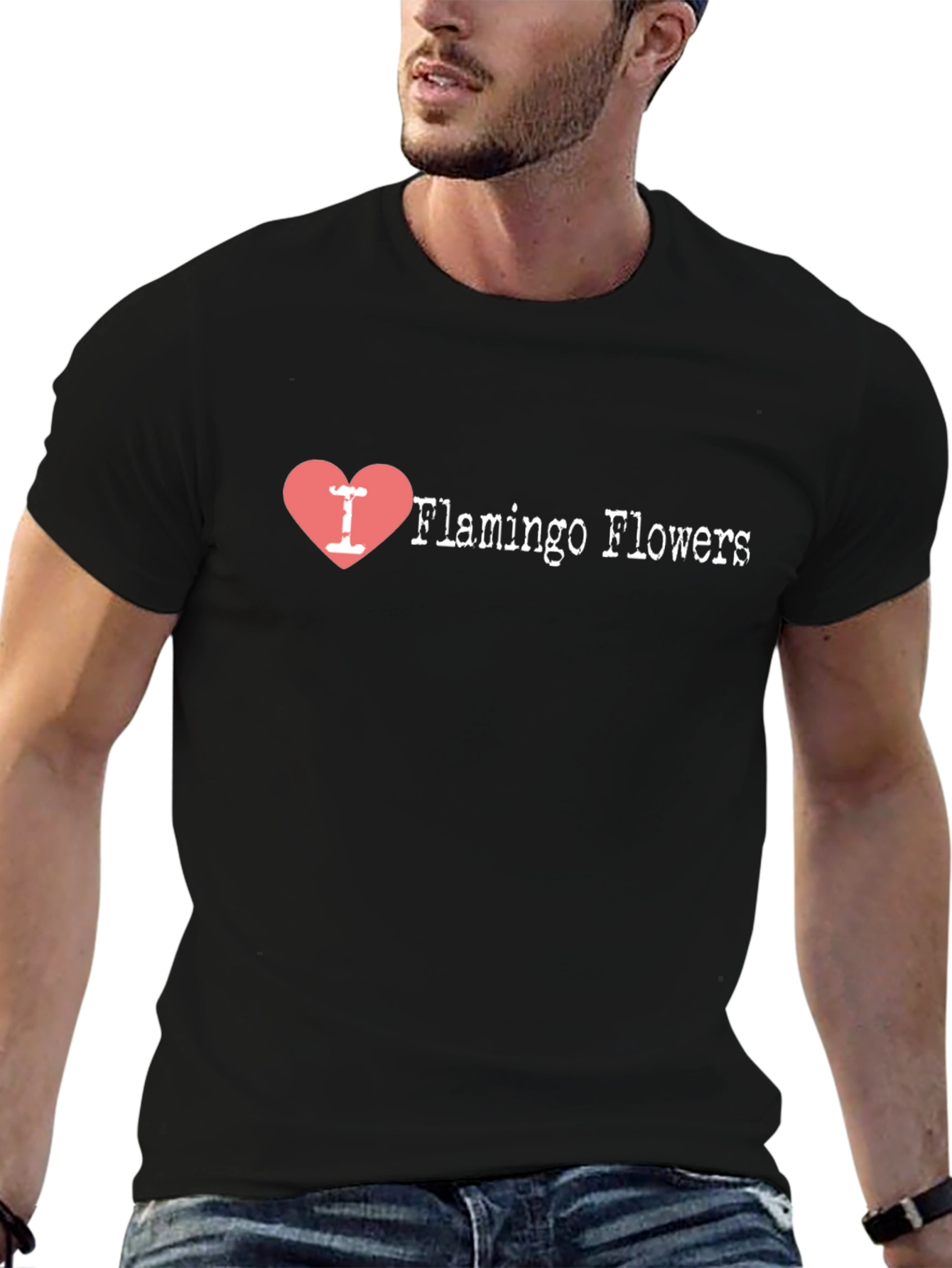 I Heart Flamingo Flowers T-Shirt - Black Cotton Tee