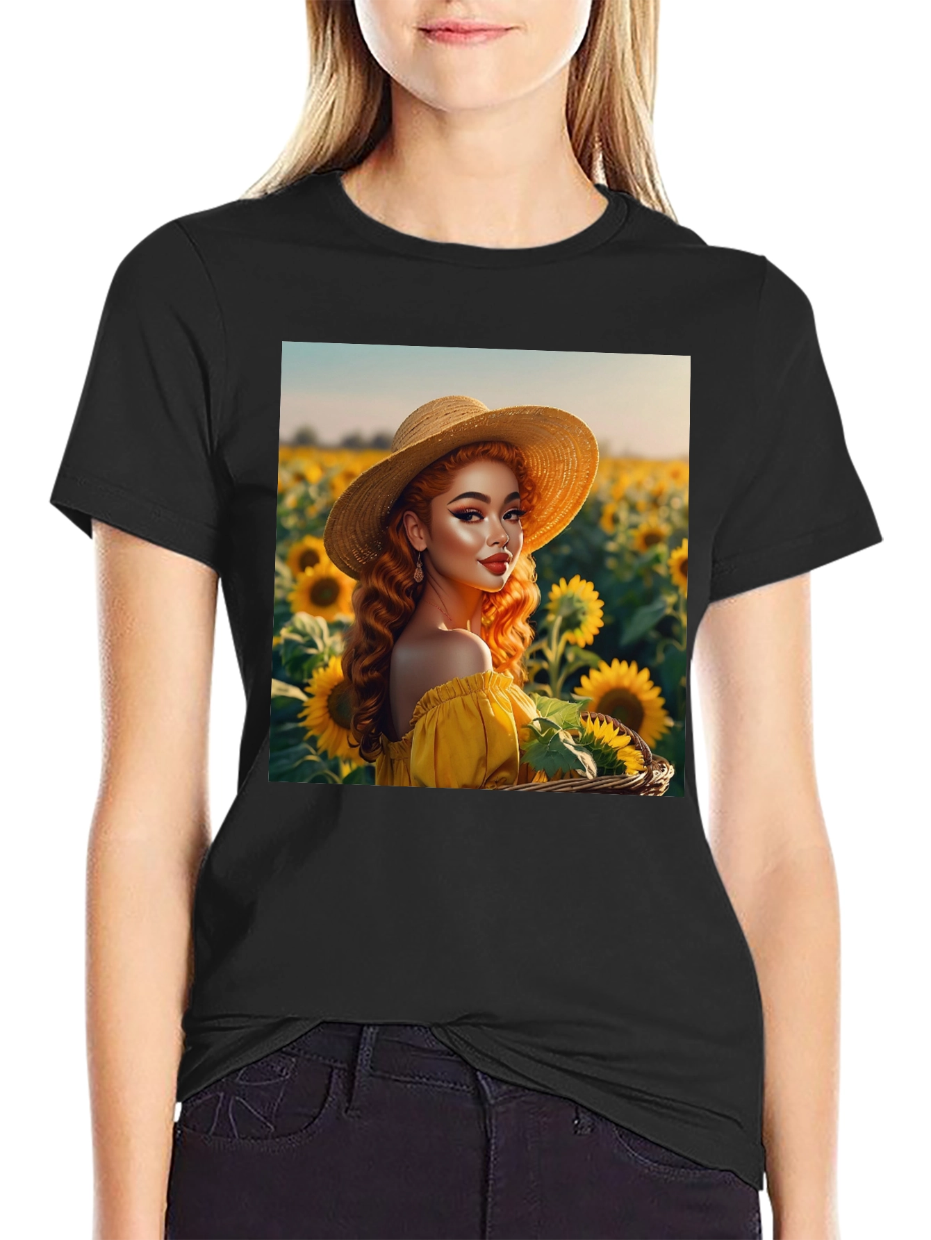 Sunflower Girl Graphic Tee - Black Cotton Blend