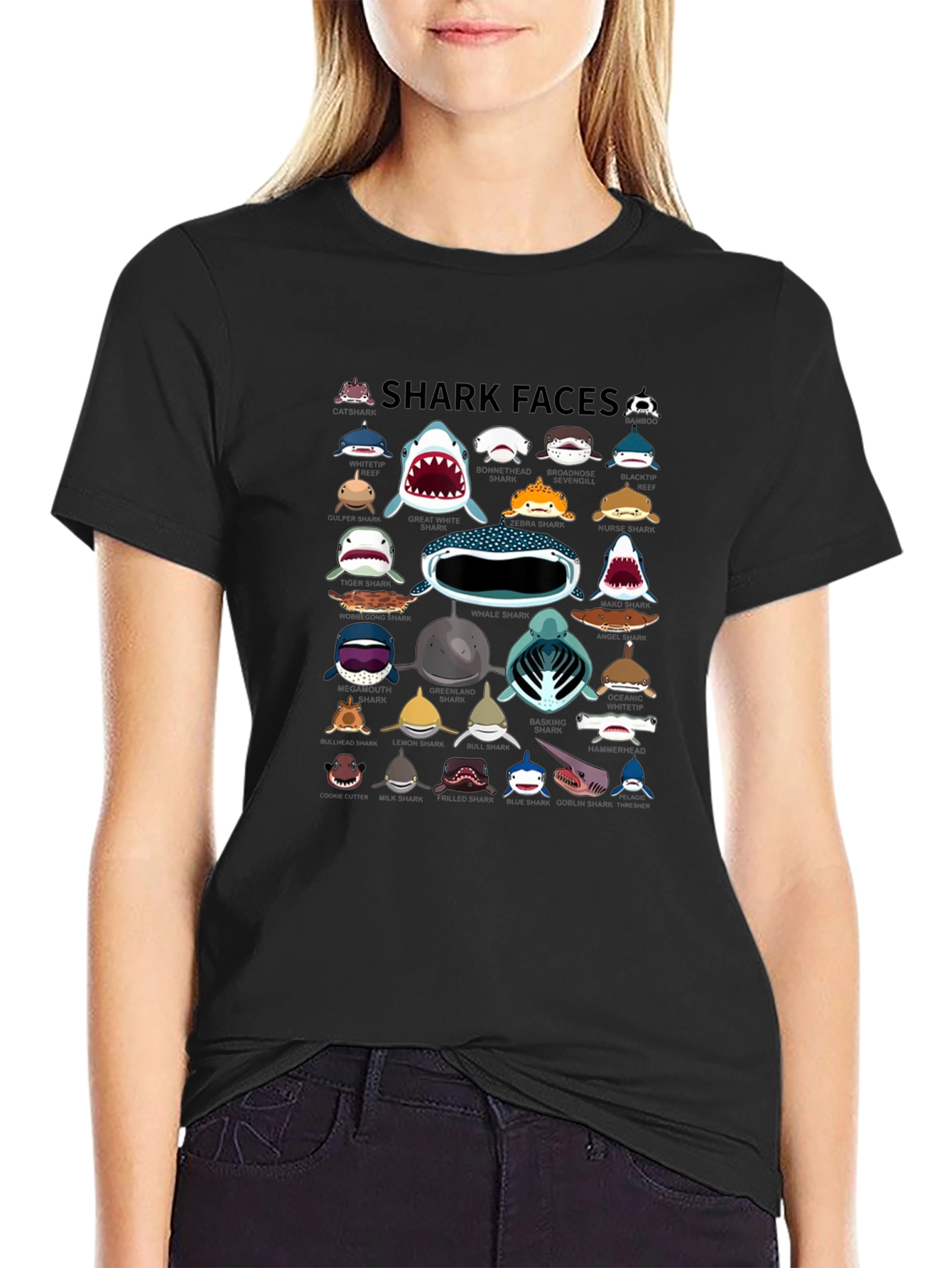 Shark Faces Graphic Print Crew Neck T-Shirt