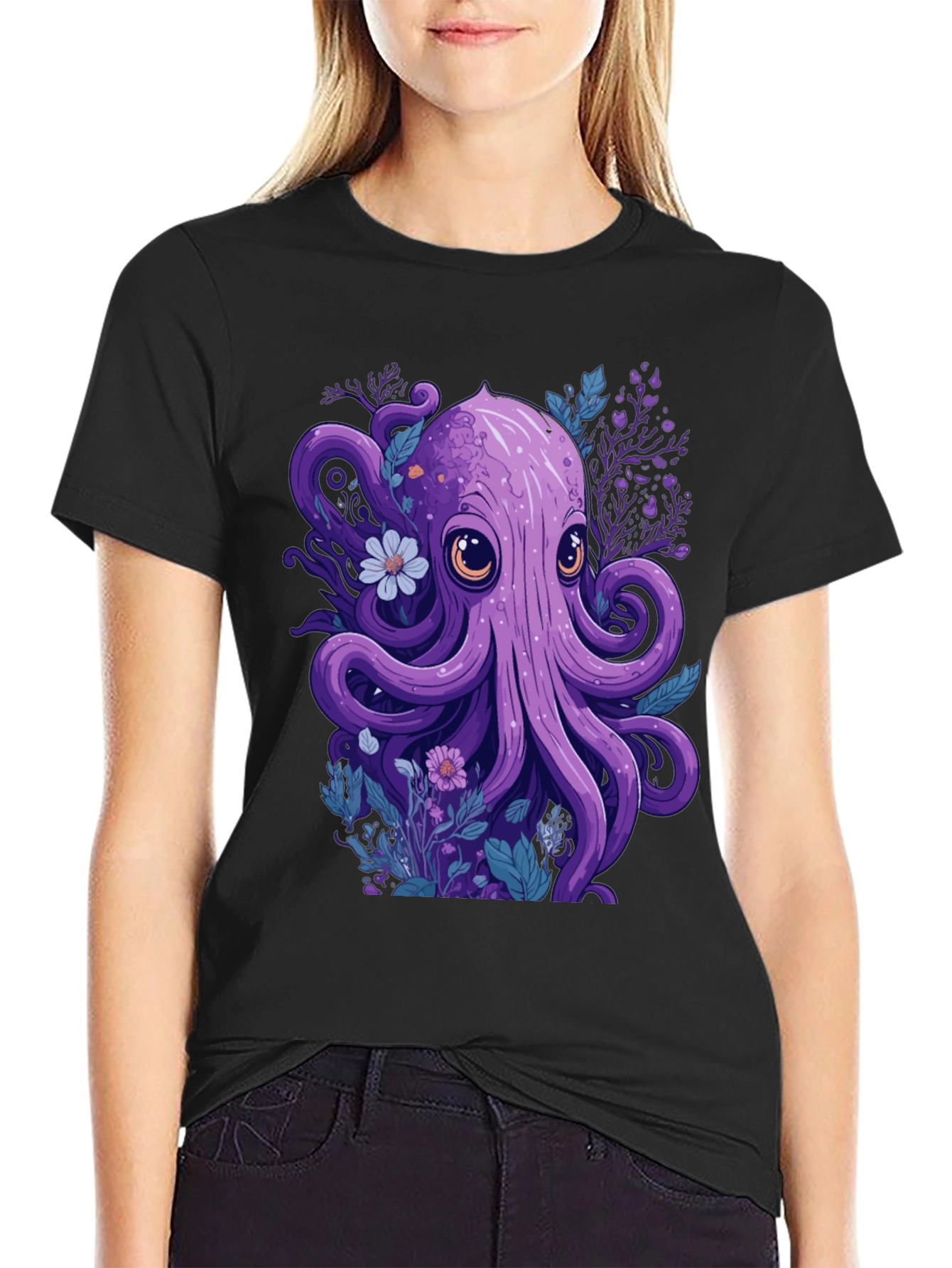 Whimsical Octopus Graphic Tee - Black Cotton Comfort