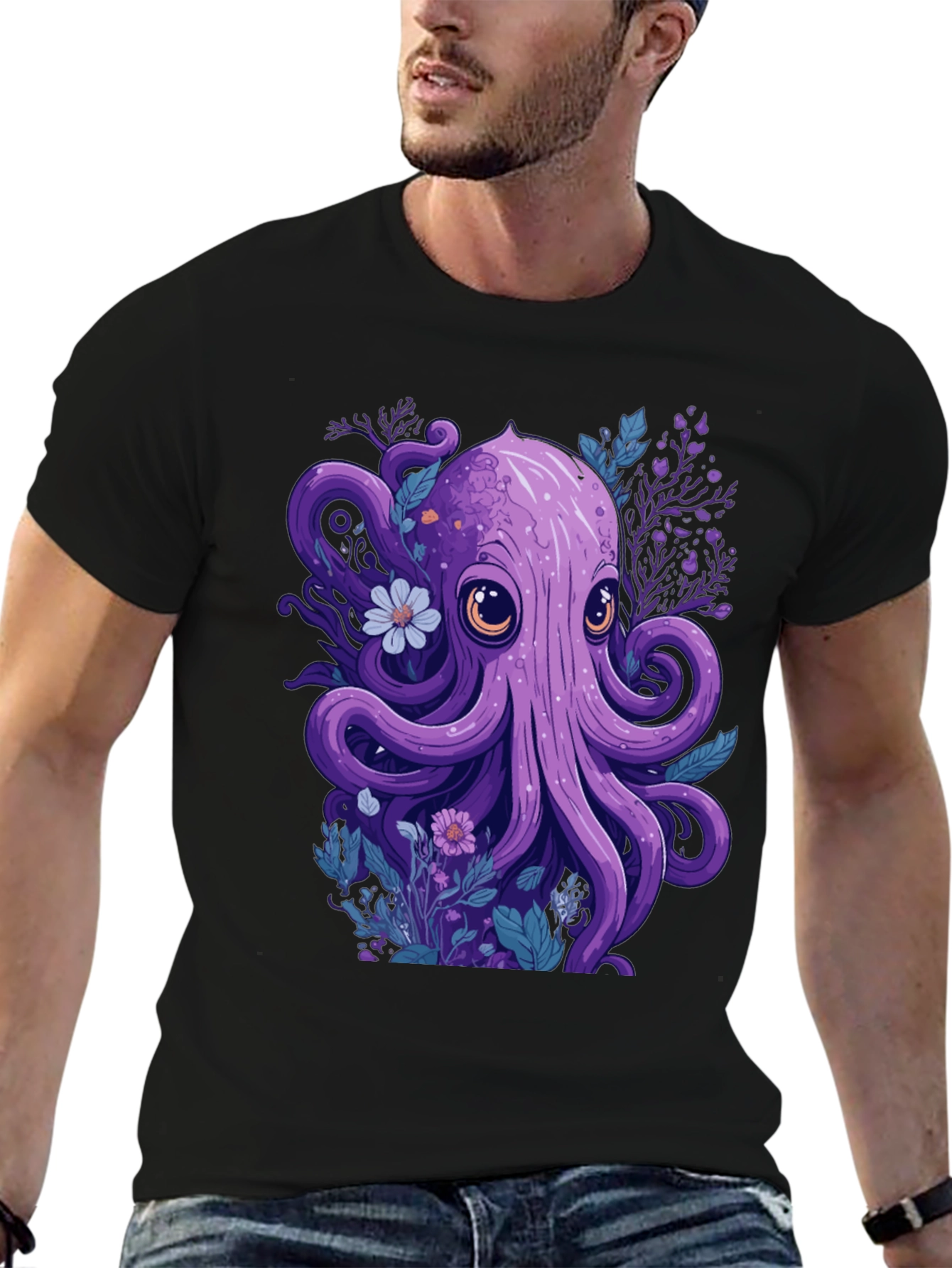 Whimsical Octopus Graphic Tee - Black Cotton Comfort