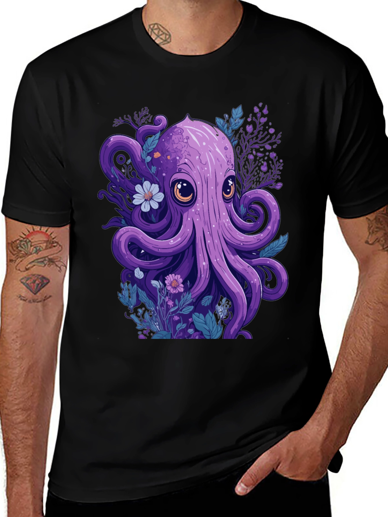 Whimsical Octopus Graphic Tee - Black Cotton Comfort