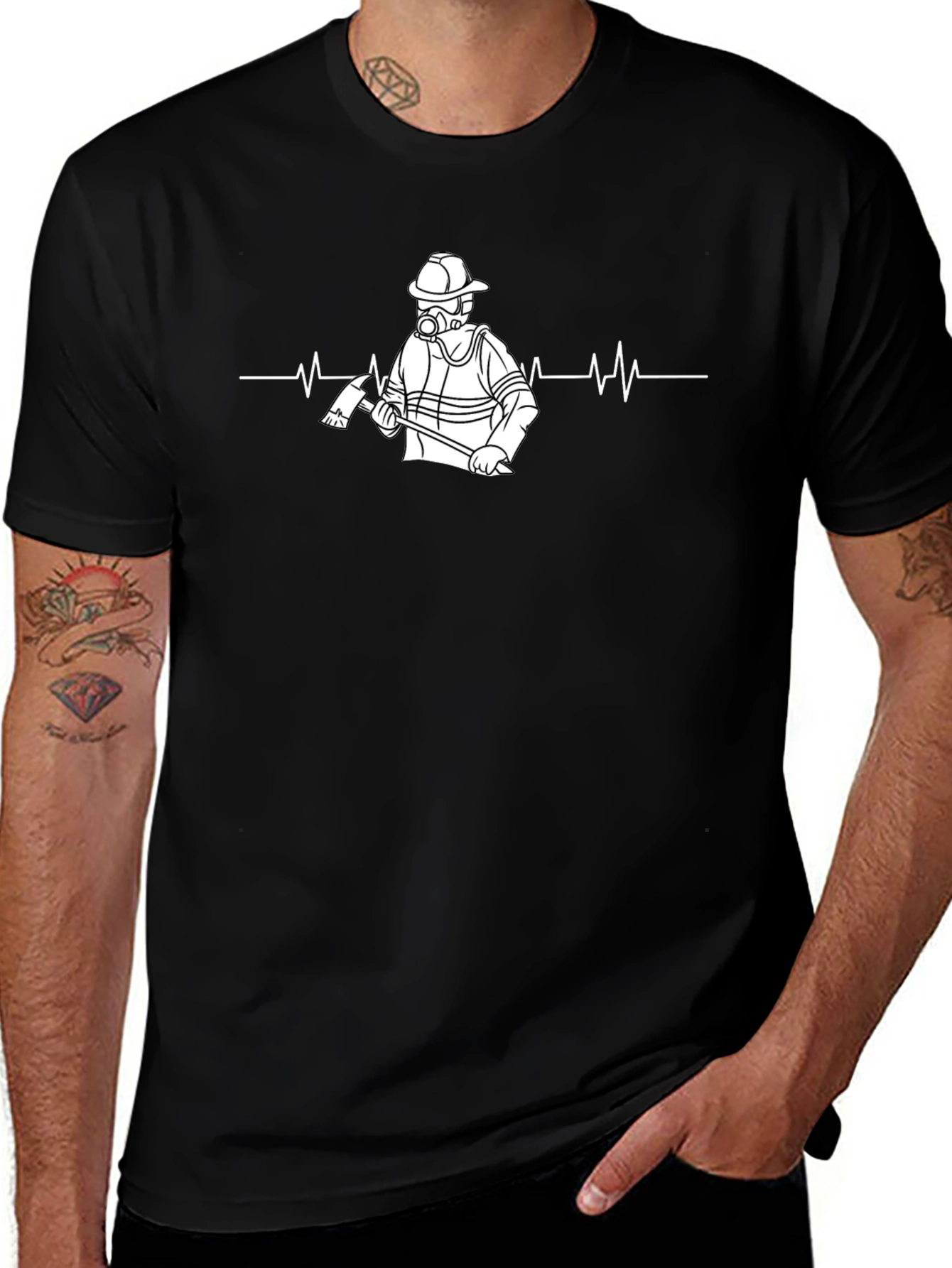 Firefighter Heartbeat T-Shirt - Black Cotton Crew Neck