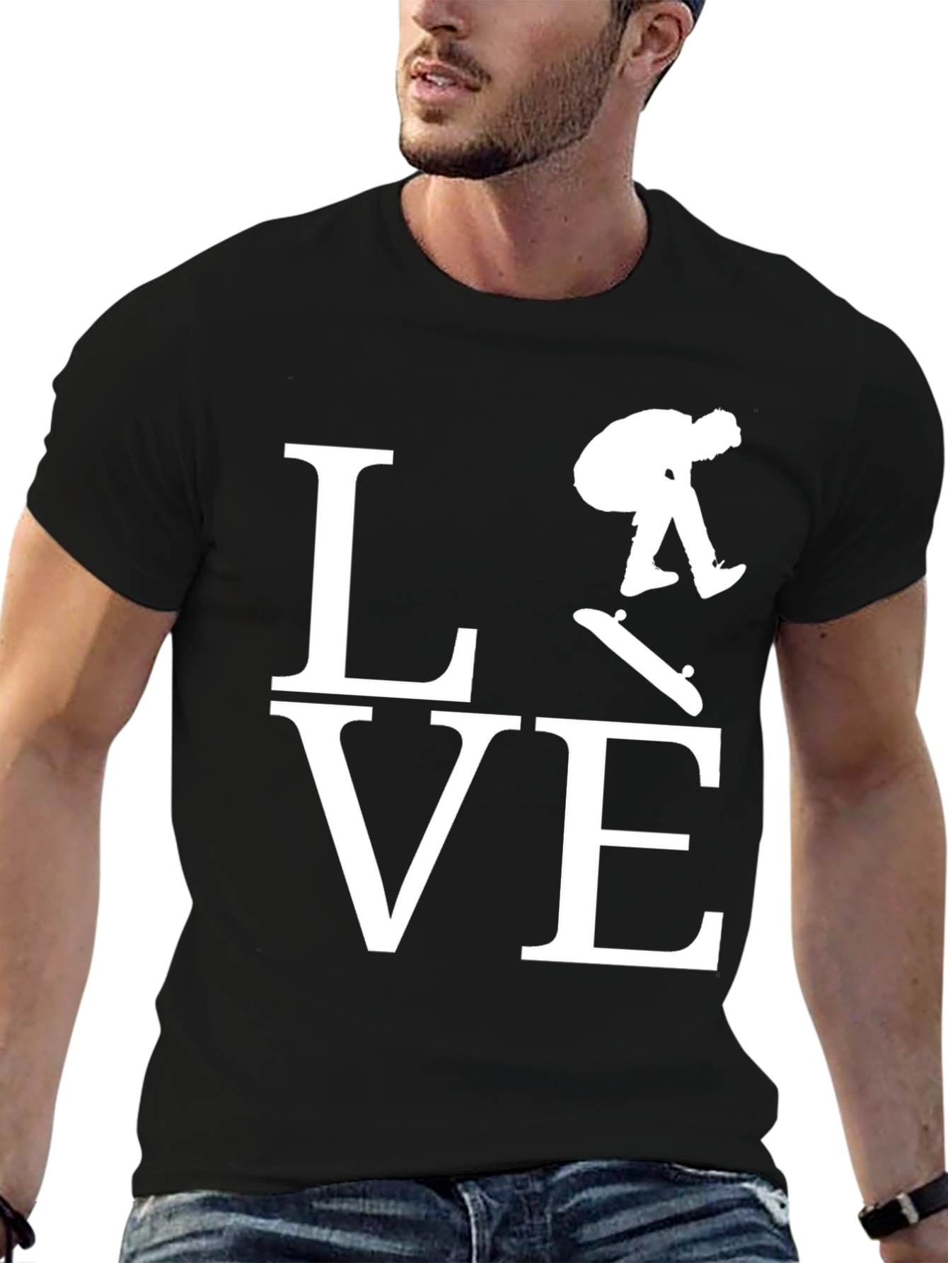 Skateboard LOVE Graphic Tee - Black Cotton T-Shirt