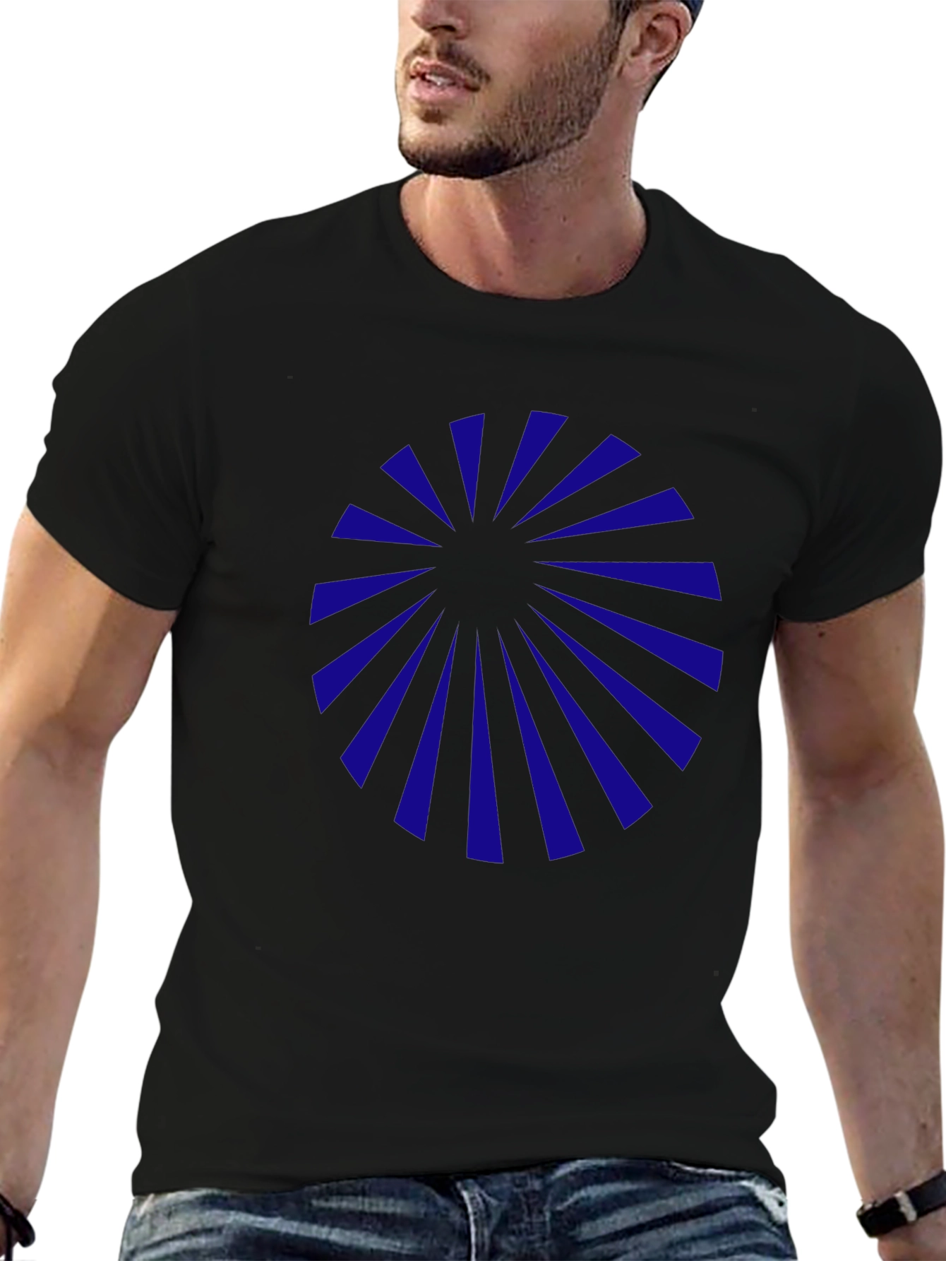 Mens Black Graphic Tee - Blue Sunburst Design