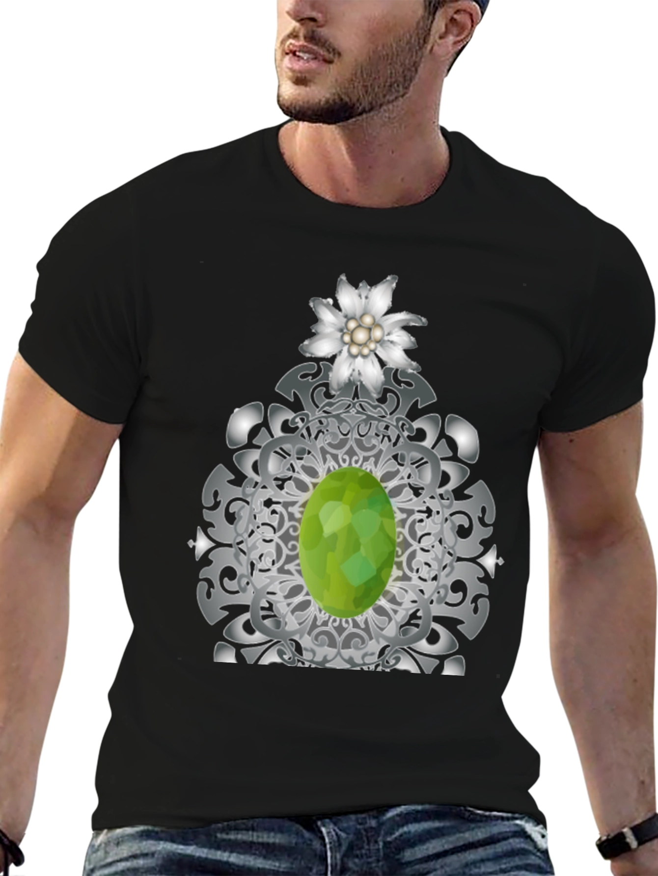 Edelweiss Flower and Green Gem Graphic Tee