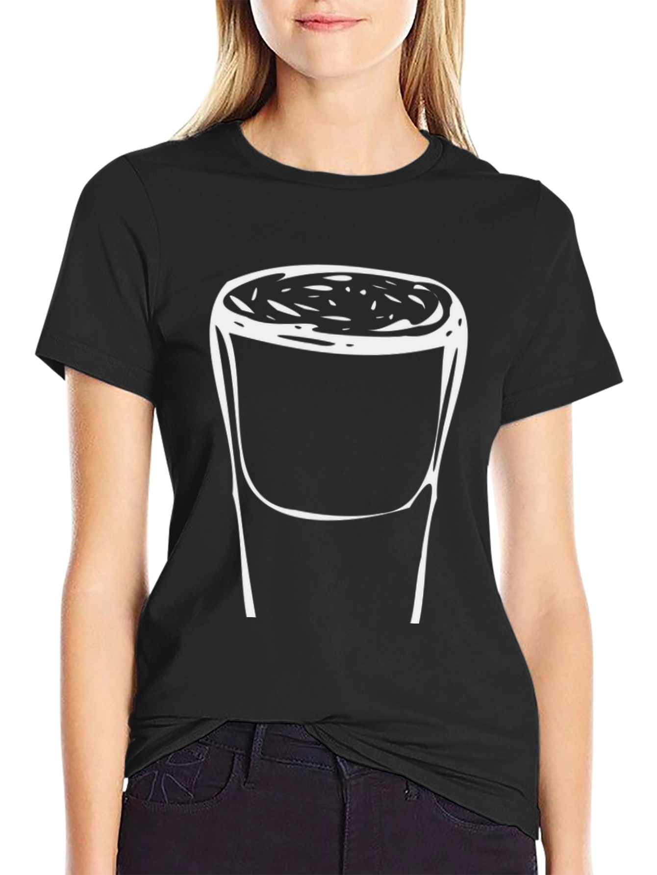 Black T-Shirt with White Drink Sketch Graphic