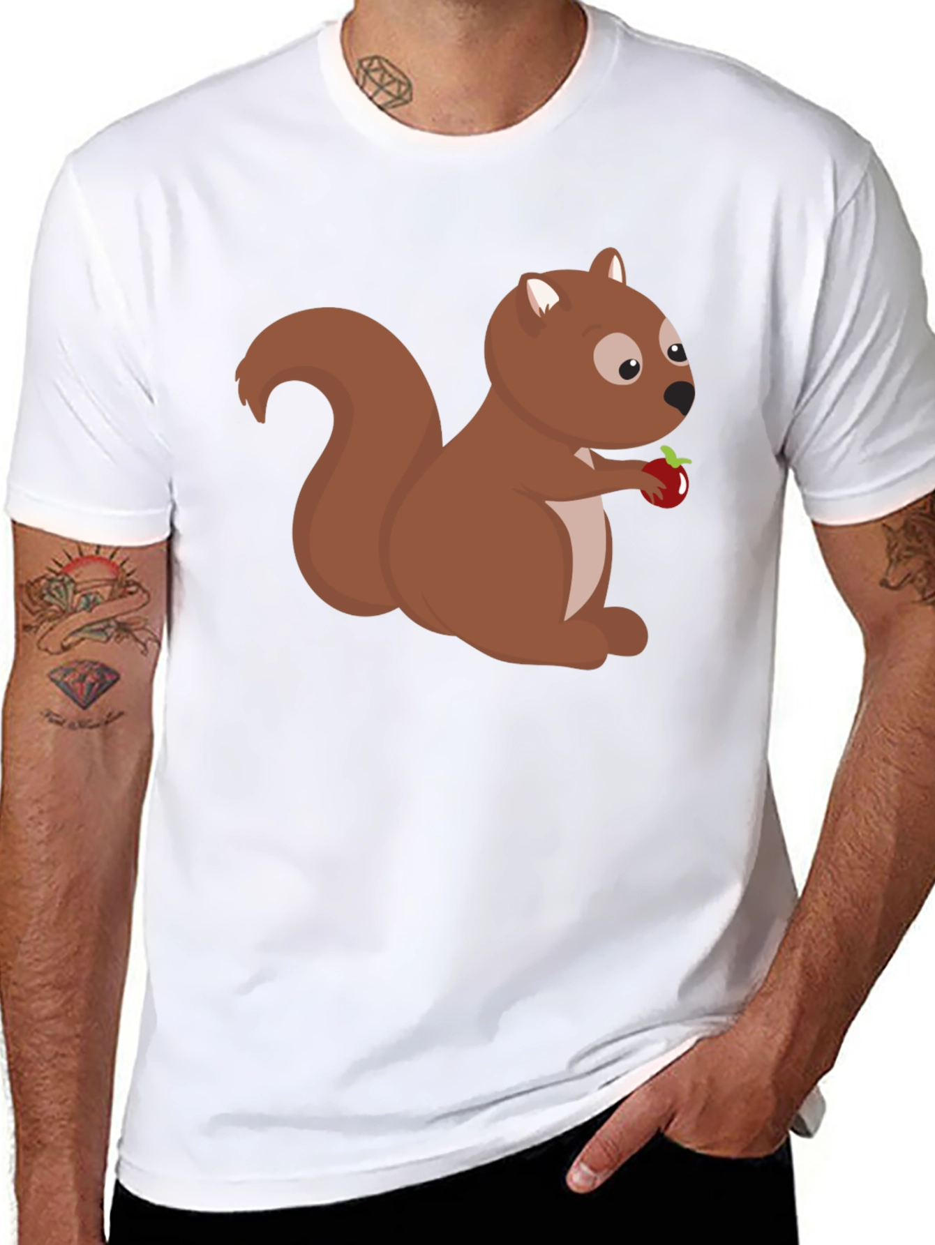Squirrel Holding Apple Black T-Shirt