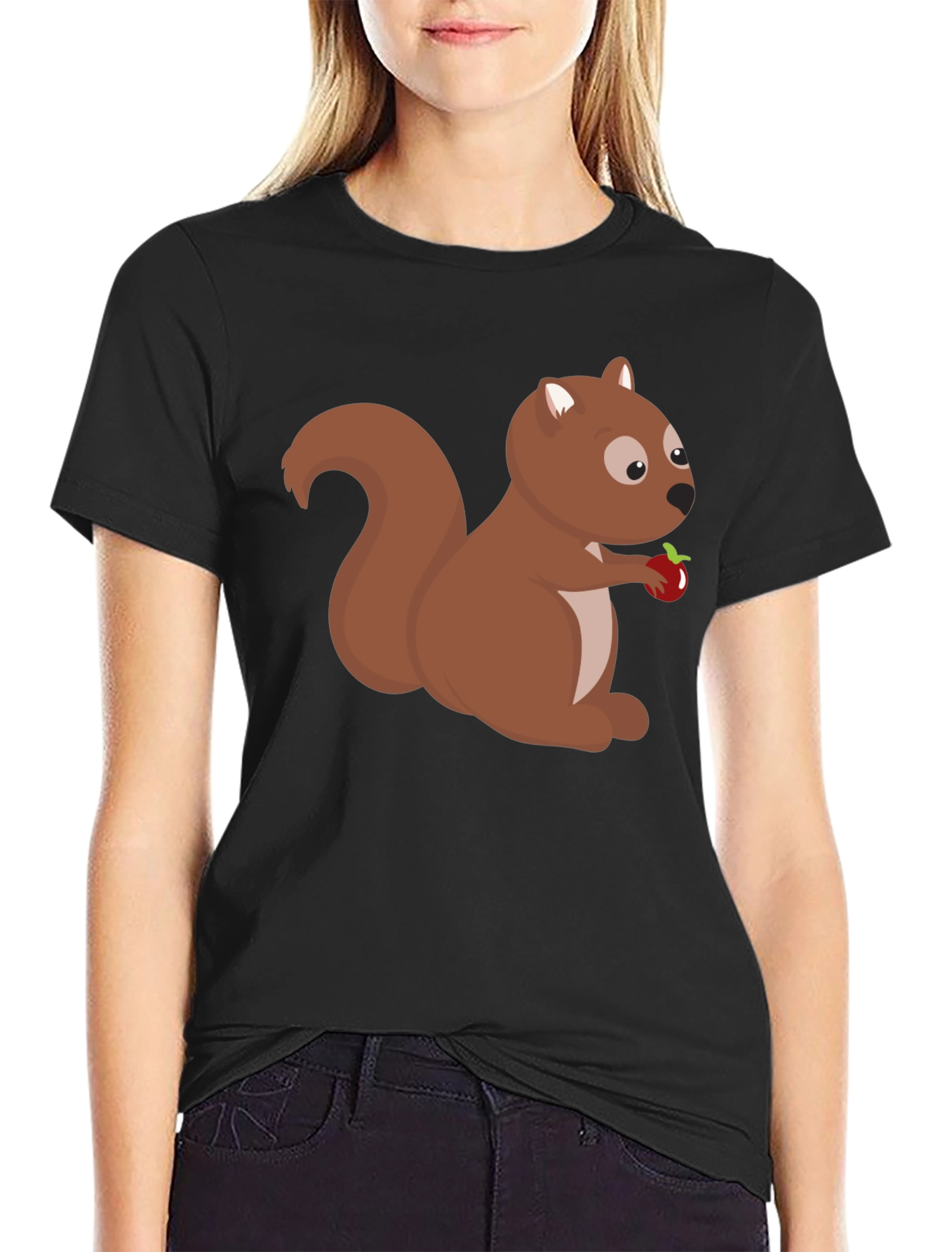 Squirrel Holding Apple Black T-Shirt
