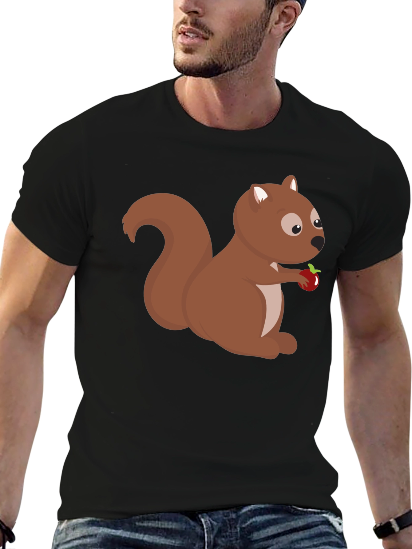 Squirrel Holding Apple Black T-Shirt
