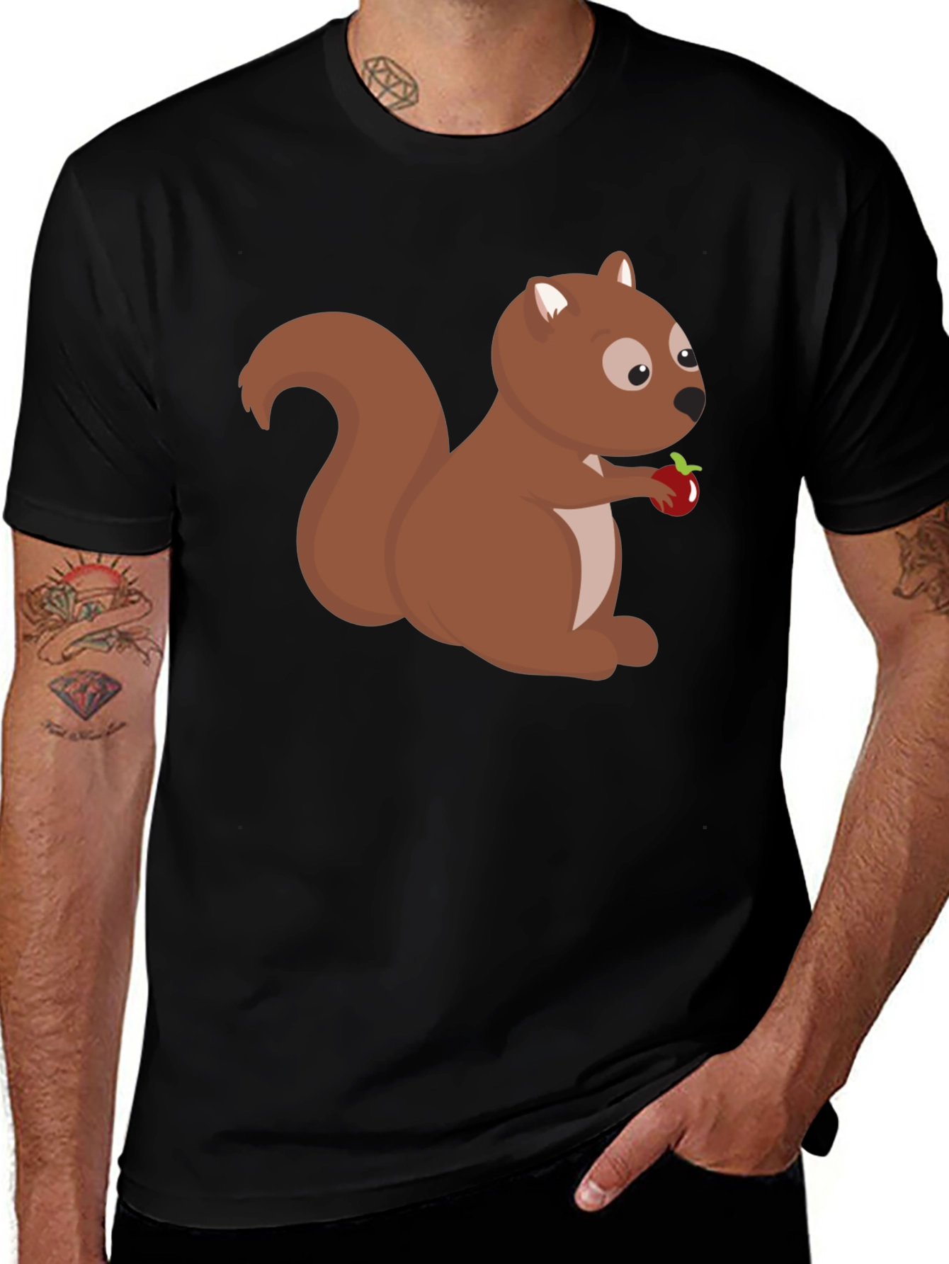 Squirrel Holding Apple Black T-Shirt