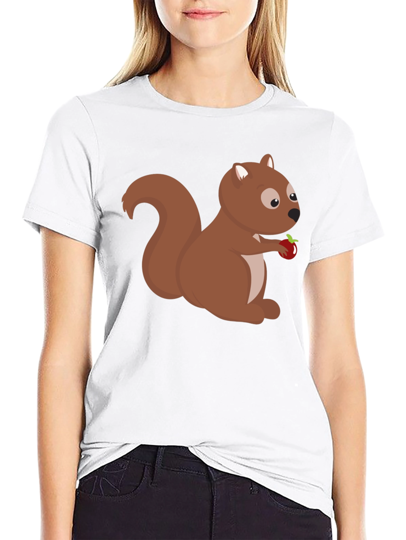 Squirrel Holding Apple Black T-Shirt