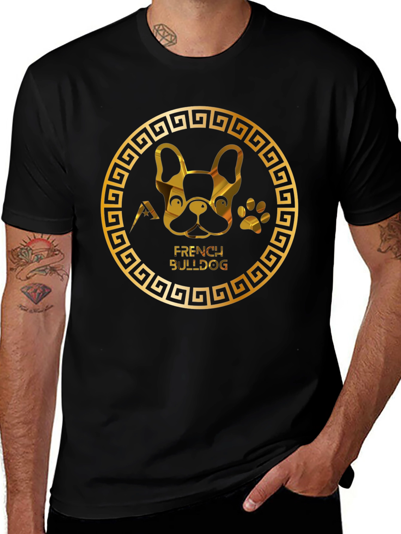 French Bulldog Gold Graphic Black T-Shirt