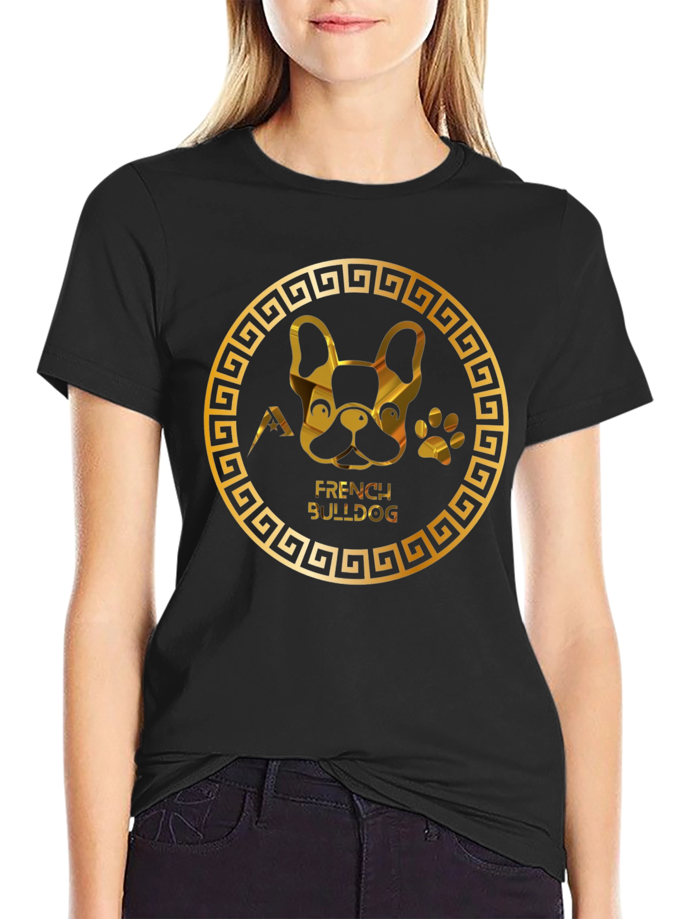 French Bulldog Gold Graphic Black T-Shirt