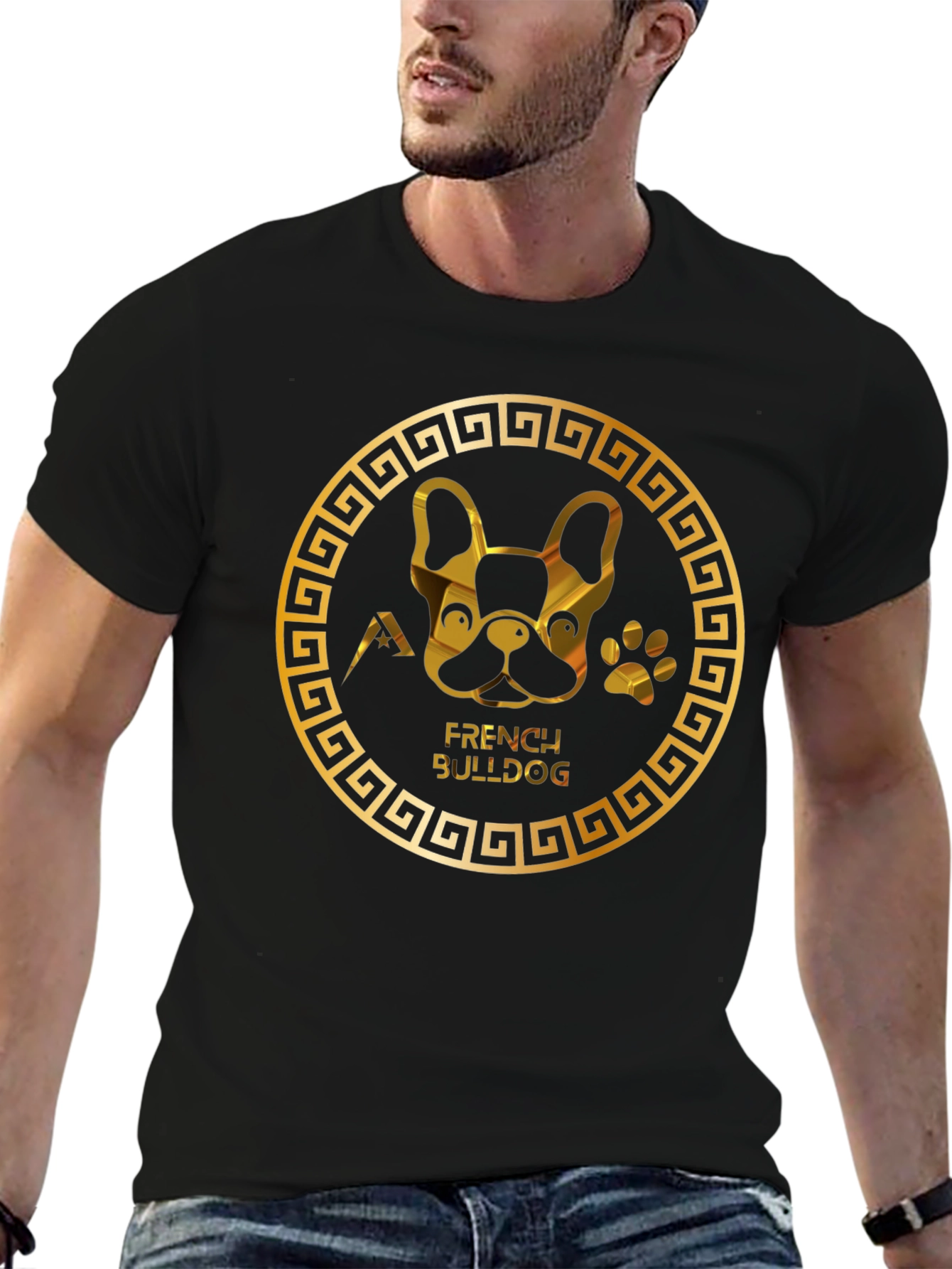 French Bulldog Gold Graphic Black T-Shirt