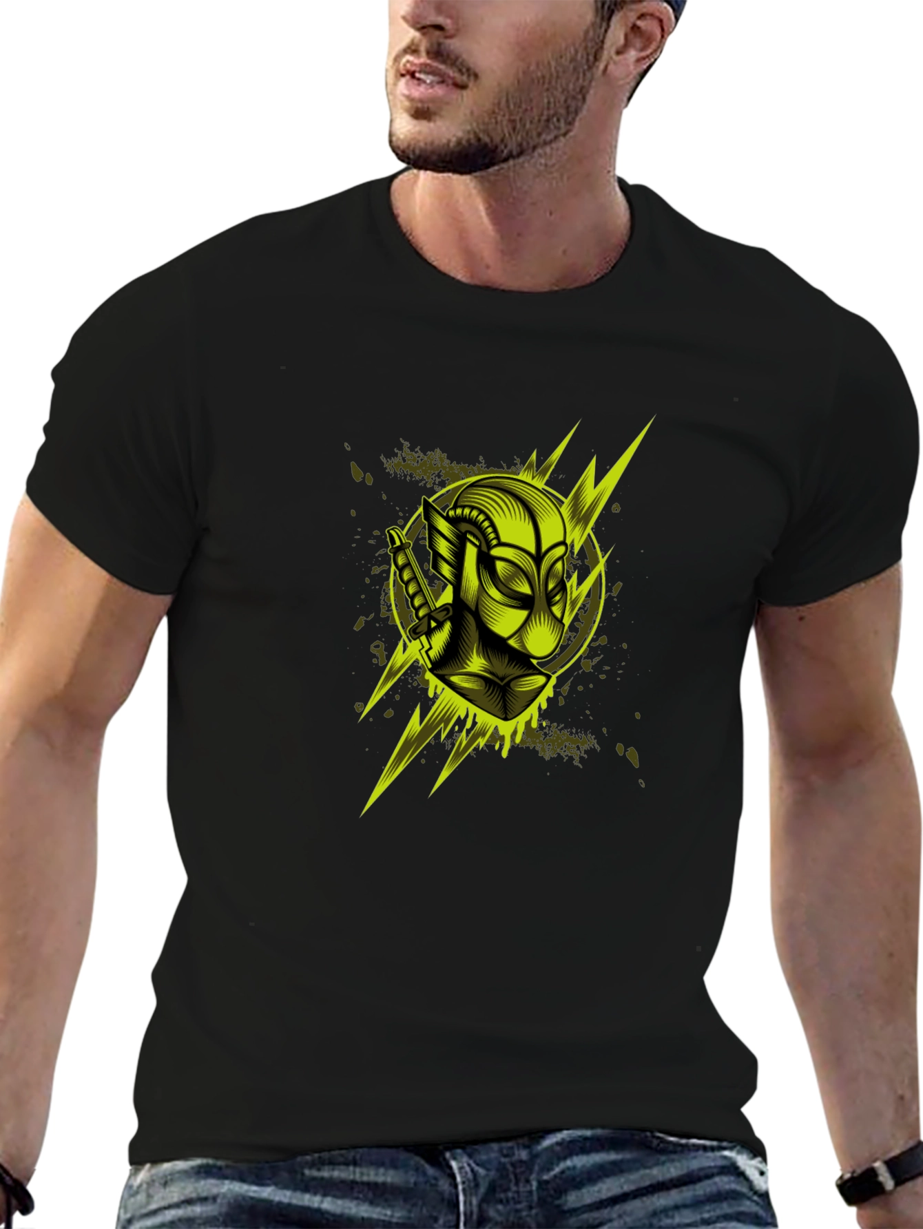 Mens Black Graphic T-Shirt: Neon Deadpool Design